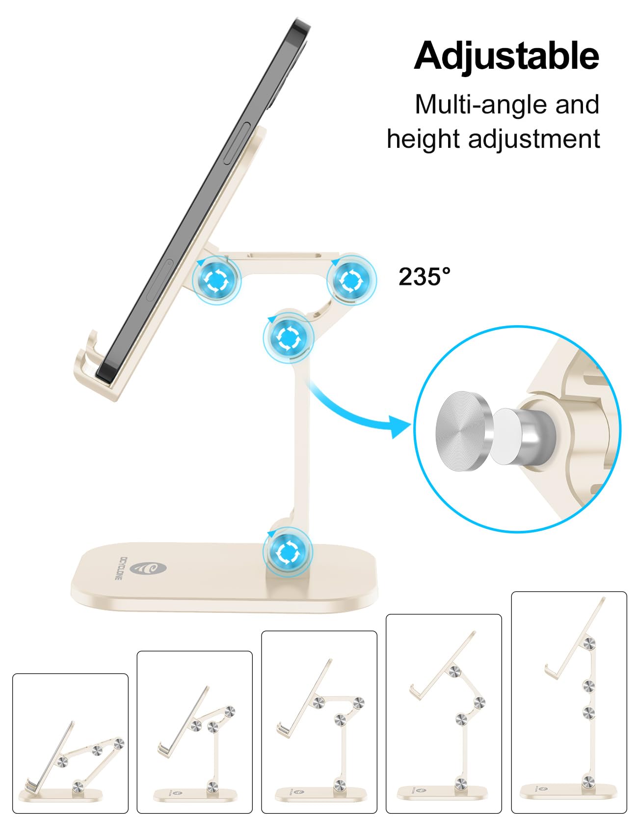 Adjustable Phone Stand for Desk - OCYCLONE Foldable Cell Phone Holder with Height & Angle Adjustment, Compatible with iPhone, iPad, Tablets 4-11 Inches (Beige) - Perfect for Home Office, Video Calls & Hands-Free Viewing