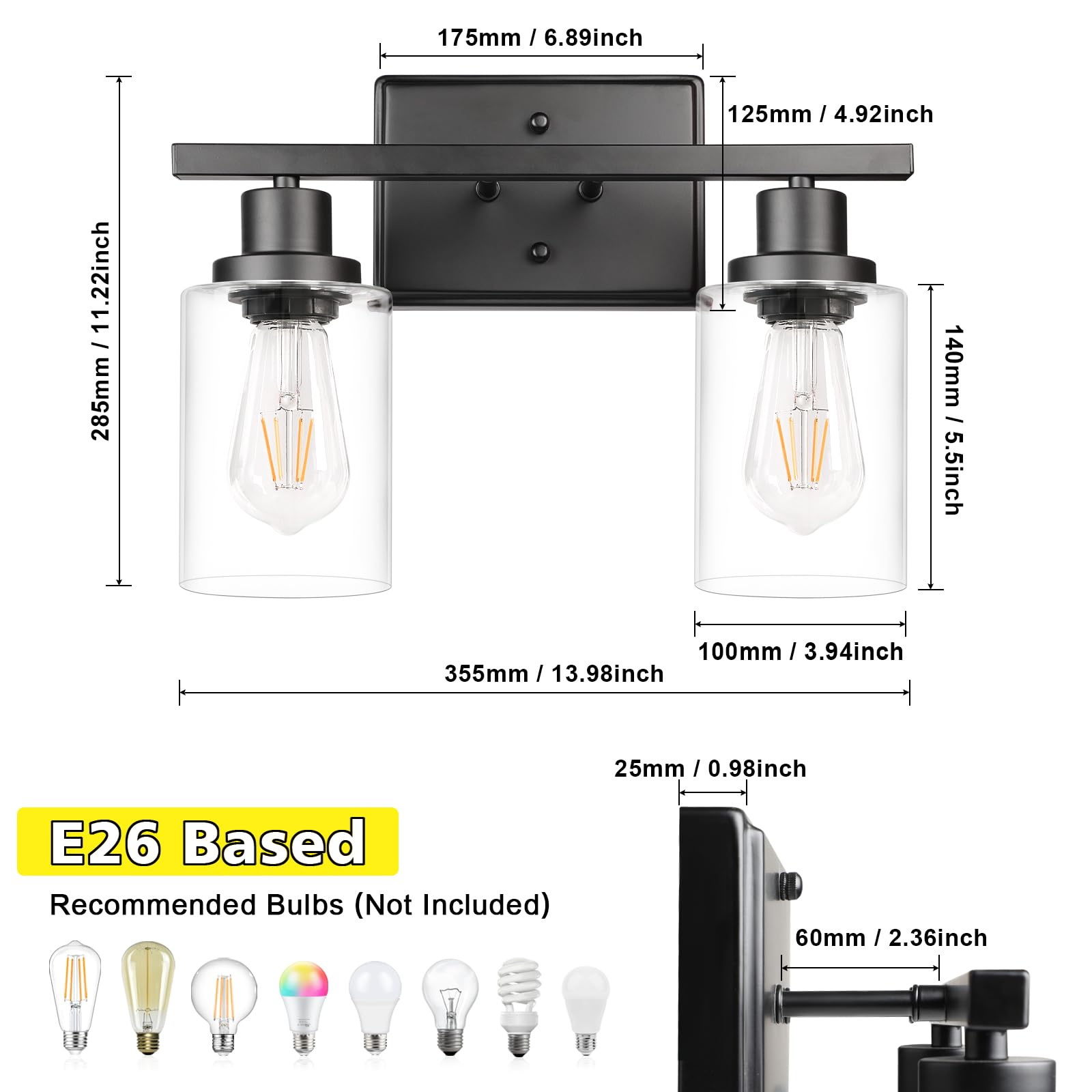 Ascher 2-Light Modern Wall Sconce with Clear Glass Shade - Black Vanity Light Fixture for Bathroom Mirror, Hallway & Bedroom - E26 Base (Bulbs Not Included) - Perfect for Ambient Lighting and Home Decor