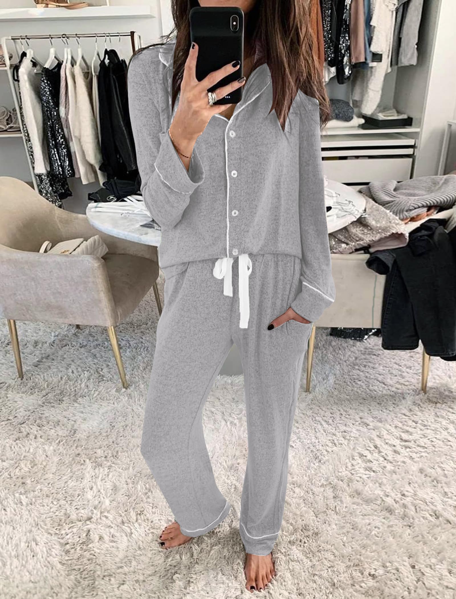 Women's Soft Long Sleeve Pajama Set - Button Down Sleep Shirt & Lounge Pants for Cozy Nights, Winter Sleepwear, Home Relaxation & Gift Giving