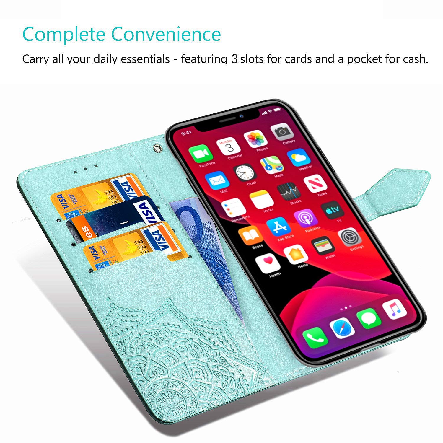 Premium Wallet Case for iPhone 11 Pro Max - Embossed Mandala Flower Design with Card Holder & Kickstand | Women's Flip Phone Cover with Wrist Strap (6.5 Inch, Gray) | Perfect for Daily Use, Travel & Hands-Free Convenience