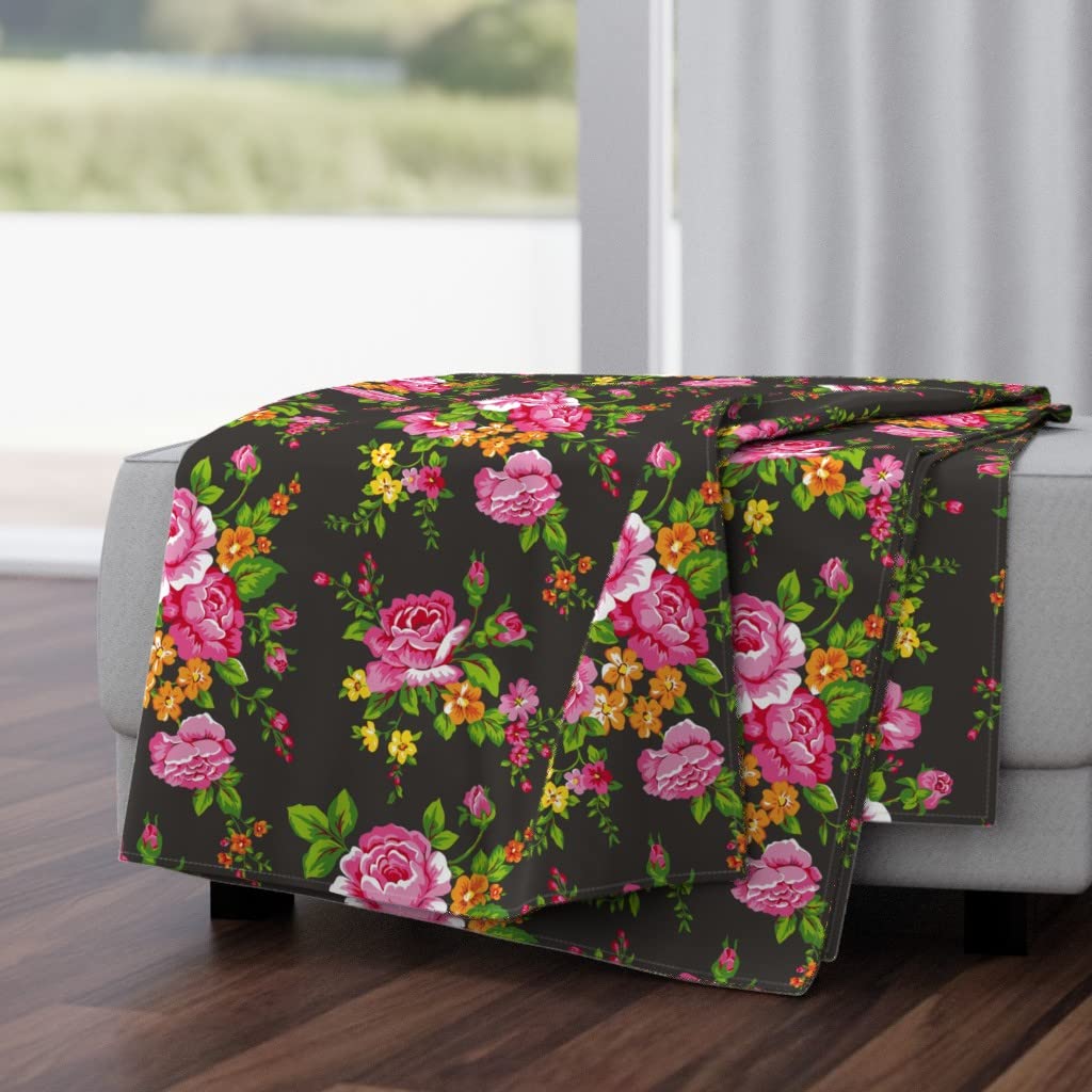 Vintage Floral Pink Roses Plush Minky Throw Blanket 50x70 Inch - Soft Bohemian Chinoiserie Print Blanket for Bed, Couch & Seasonal Decor (Fall, Spring, Summer)