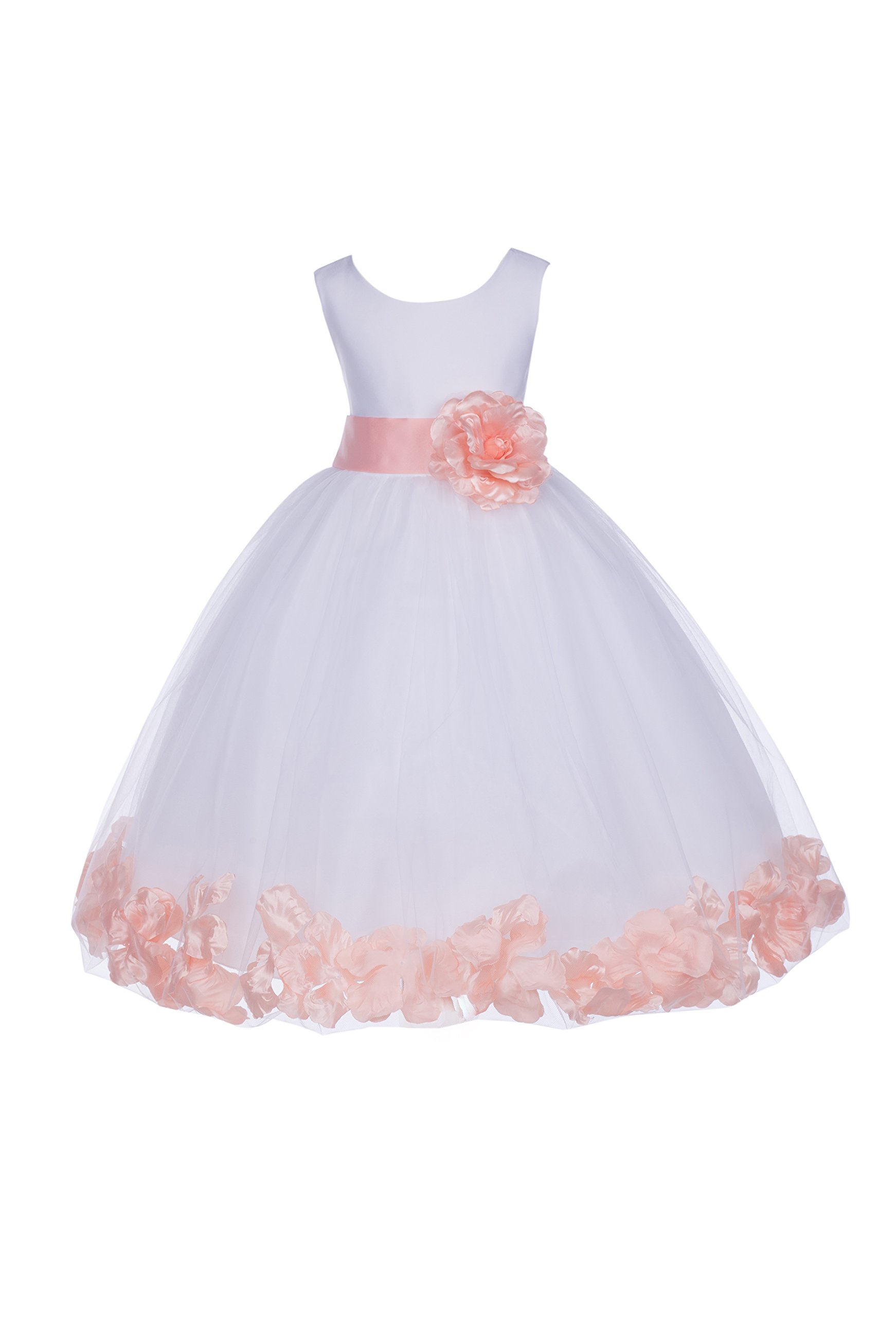White Tulle Rose Petals Flower Girl Dress - Elegant Christening Gown for Weddings & Baptisms (Style 302T, Size 14) - Perfect for Flower Girls, First Communion & Special Occasions