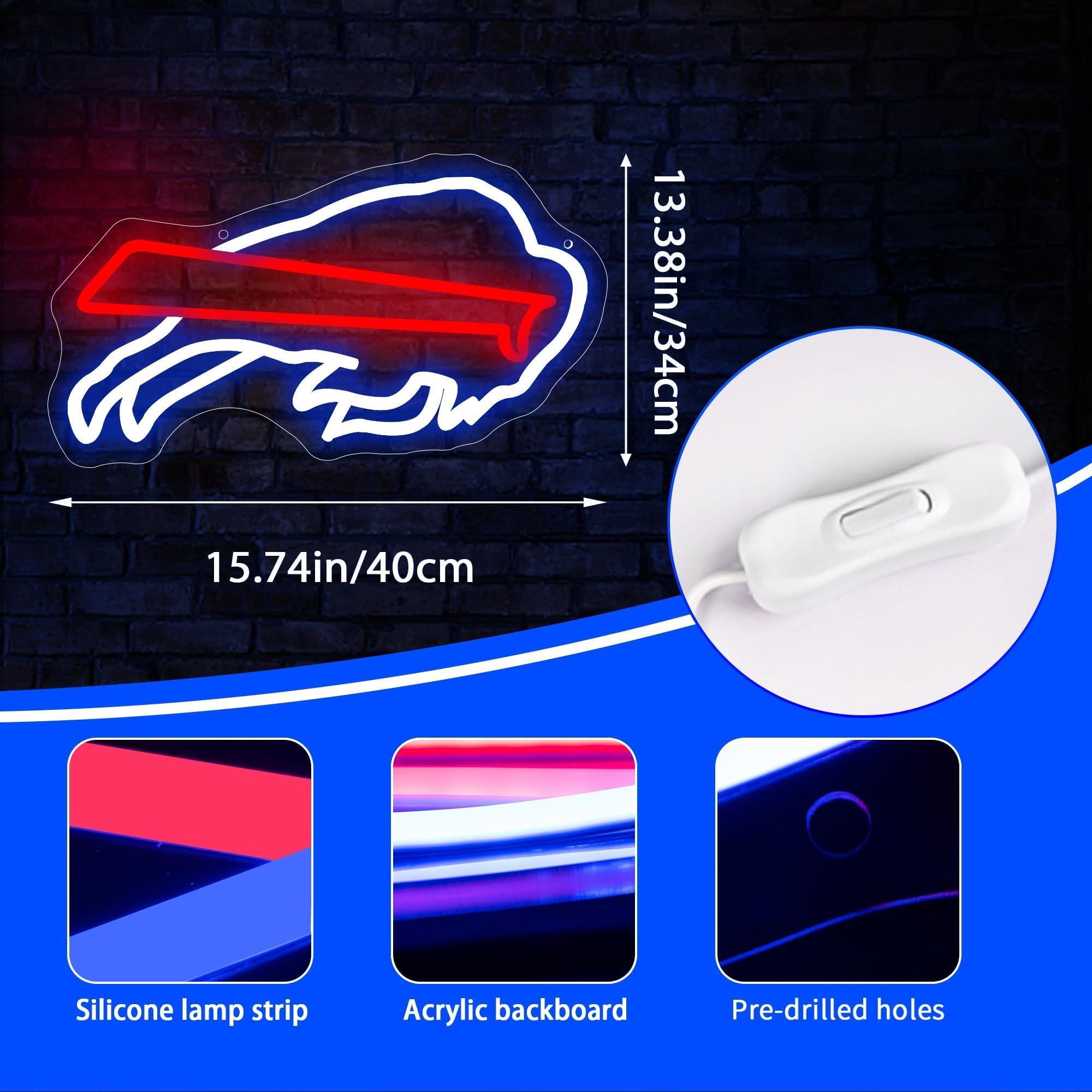 Buffalo Bills Team Logo Neon Sign - 15.4x10.9 Inch LED Football Light for Man Cave, Sports Bar & Game Room Decor - Perfect Gift for NFL Fans, Boys & Men - Wall Art for Bedroom, Pub or Club Parties