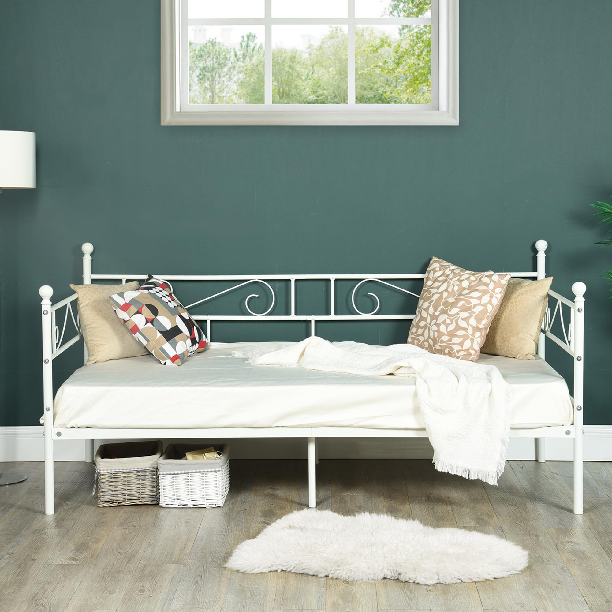 Metal Twin Size Daybed Frame with Headboard - Sturdy Square Steel Slats & Mattress Platform - Ideal for Living Room, Guest Room, or Studio Apartment - Beige