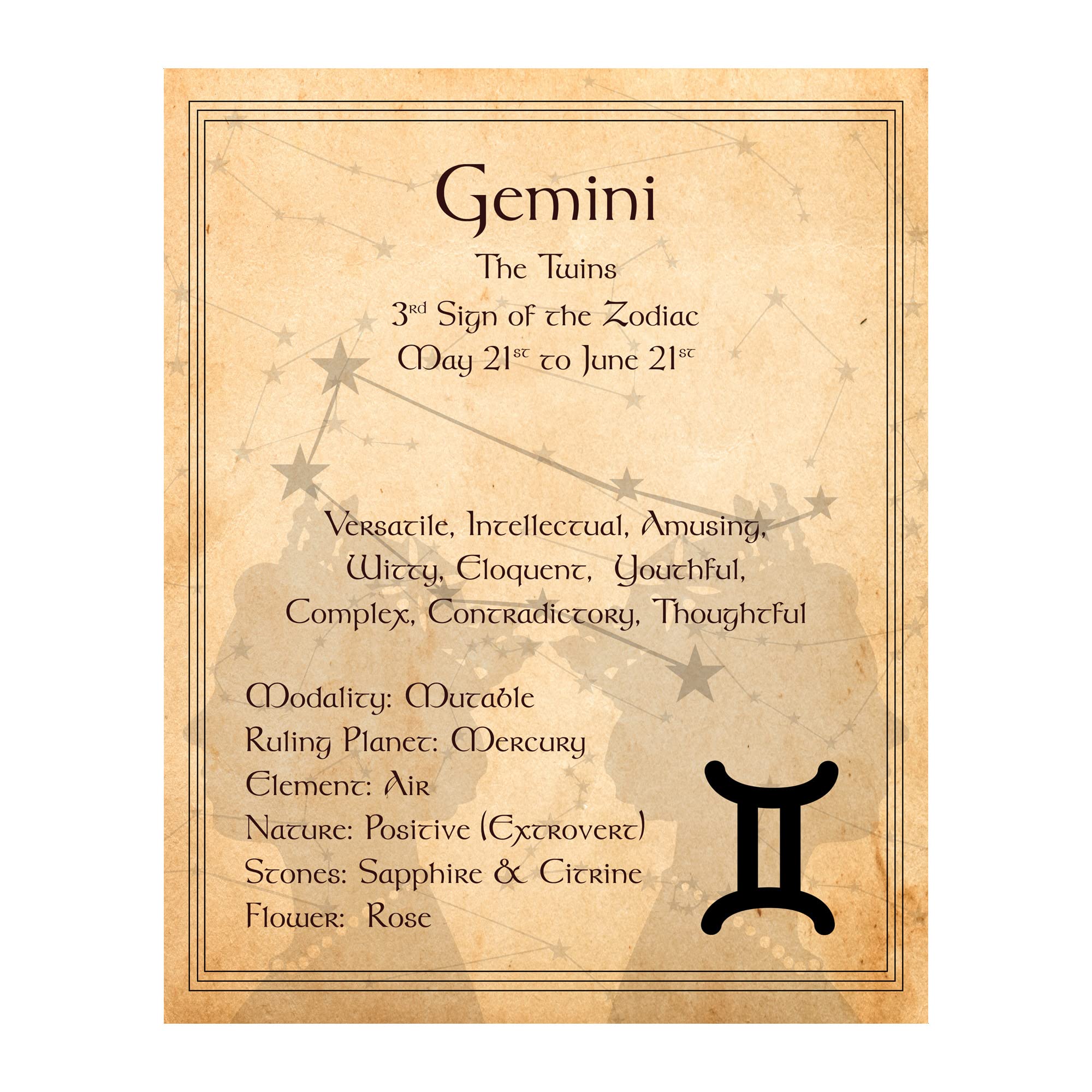 Gemini The Twins Zodiac Sign Wall Art Print - 8x10 Inch Constellation Poster for Home, Office & Bedroom Decor | Perfect Gift for Astrology Lovers & Space Enthusiasts | Unframed Art Print for Living Room, Study or Dormitory
