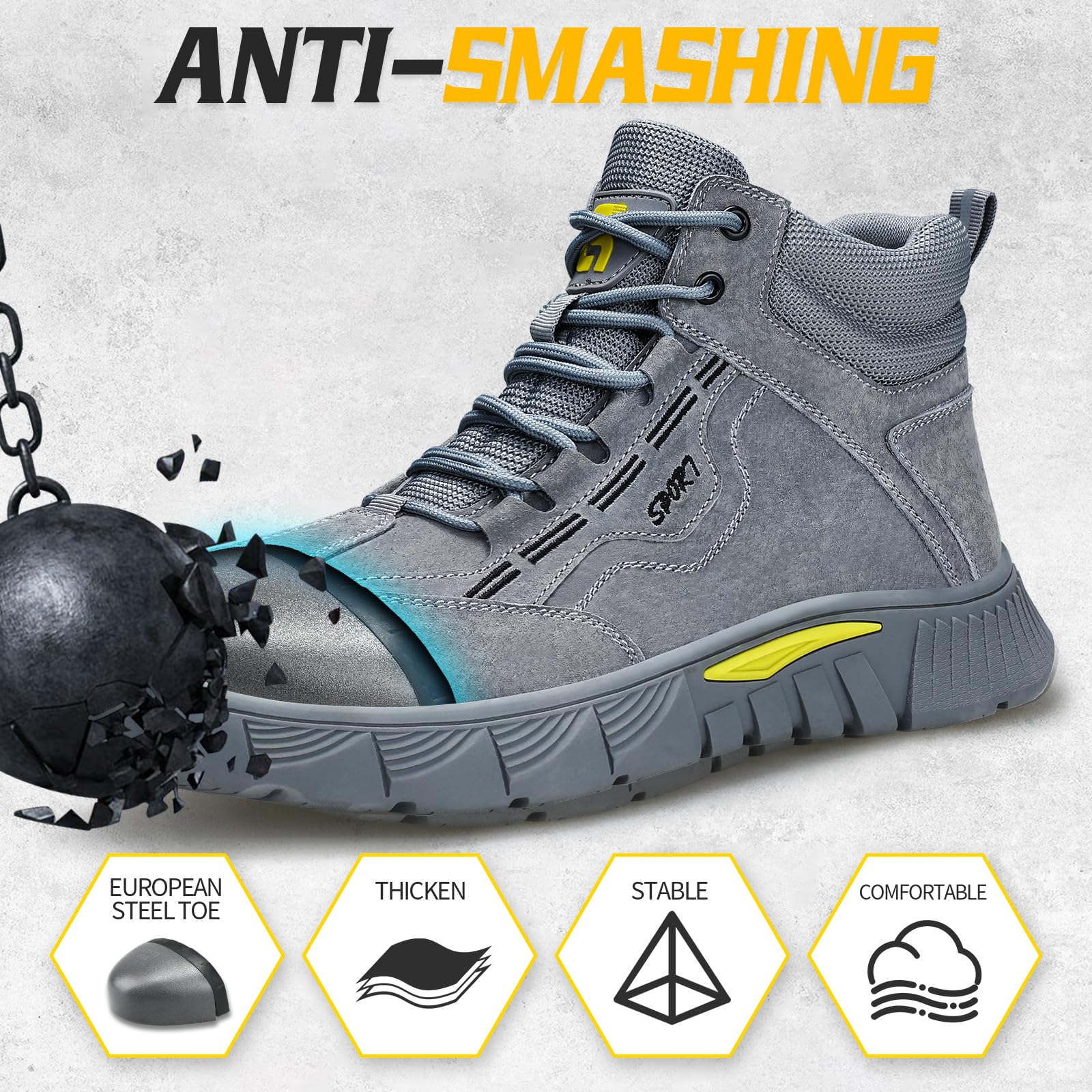 Men's Steel Toe Work Shoes - Breathable Lightweight Safety Sneakers with Indestructible Steel Toe for Construction & Industrial Work | Comfortable Durable Work Boots for Warehouse, Factory & Outdoor Jobs