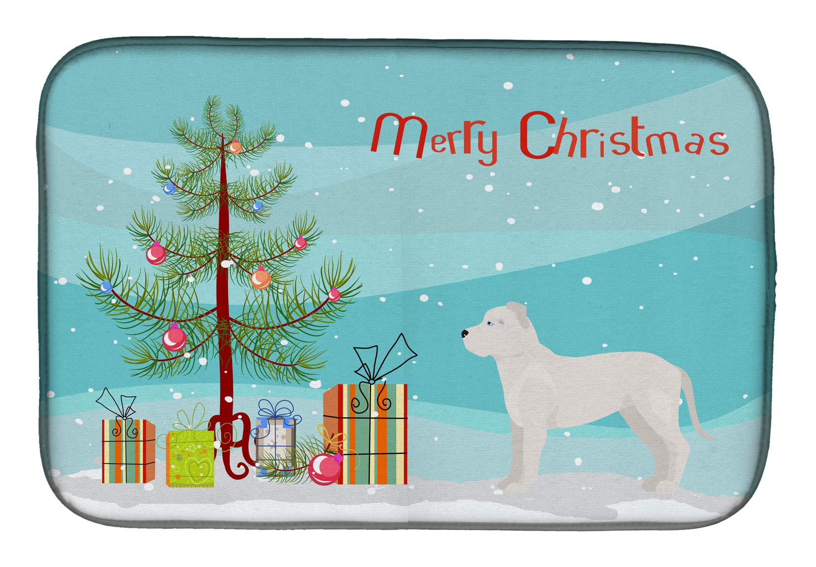White Bullboxer Christmas Dish Drying Mat - Absorbent Kitchen Counter Pad (14x21
