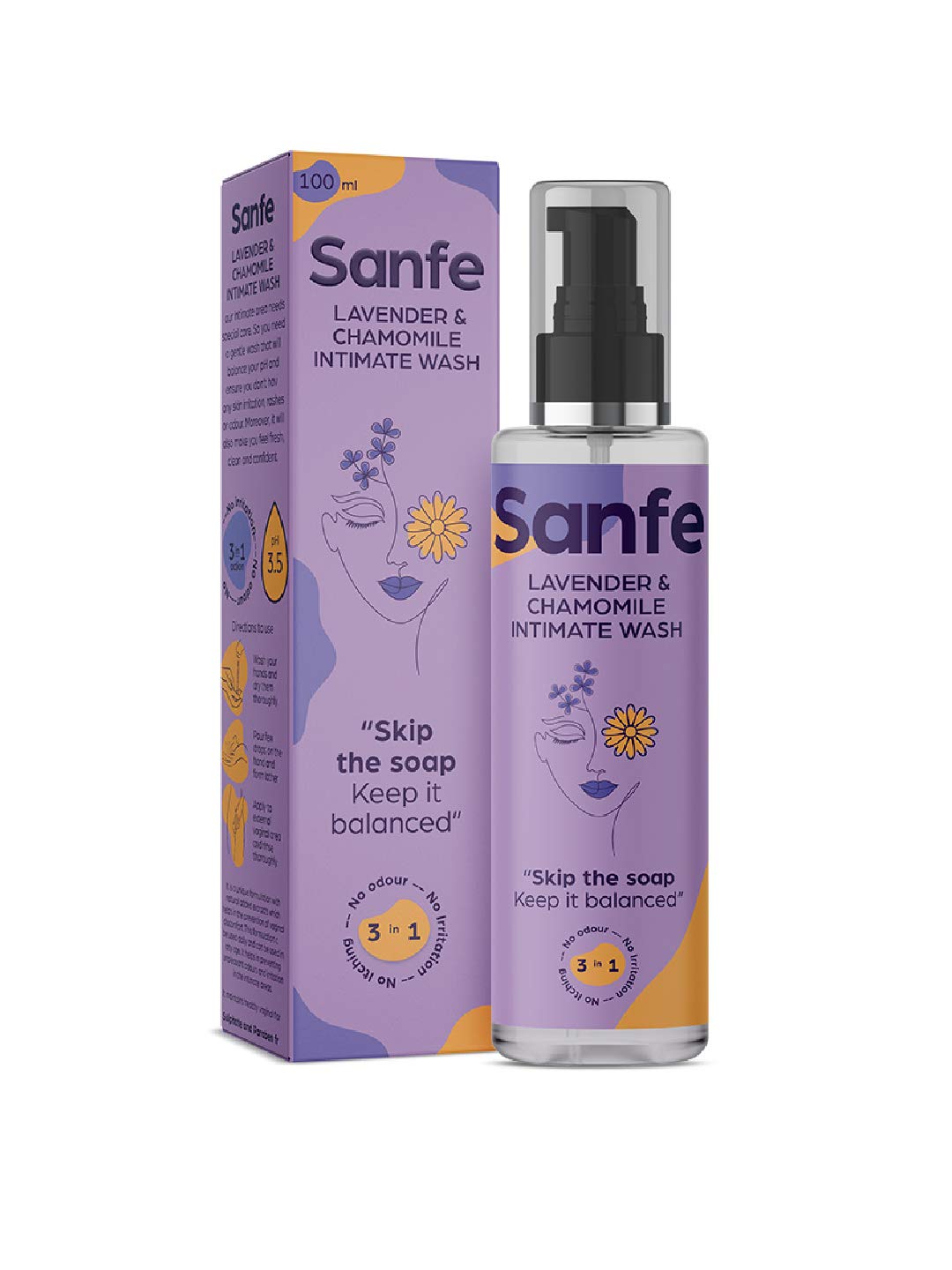 Sanfe Natural 3-in-1 Intimate Wash for Women - Lavender & Chamomile Scented Feminine Hygiene Wash (100ml) | pH Balanced, Dermatologist Tested, Chemical Free | Prevents Odor, Itching & Irritation | Perfect for Daily Intimate Care & Post-Workout Freshness