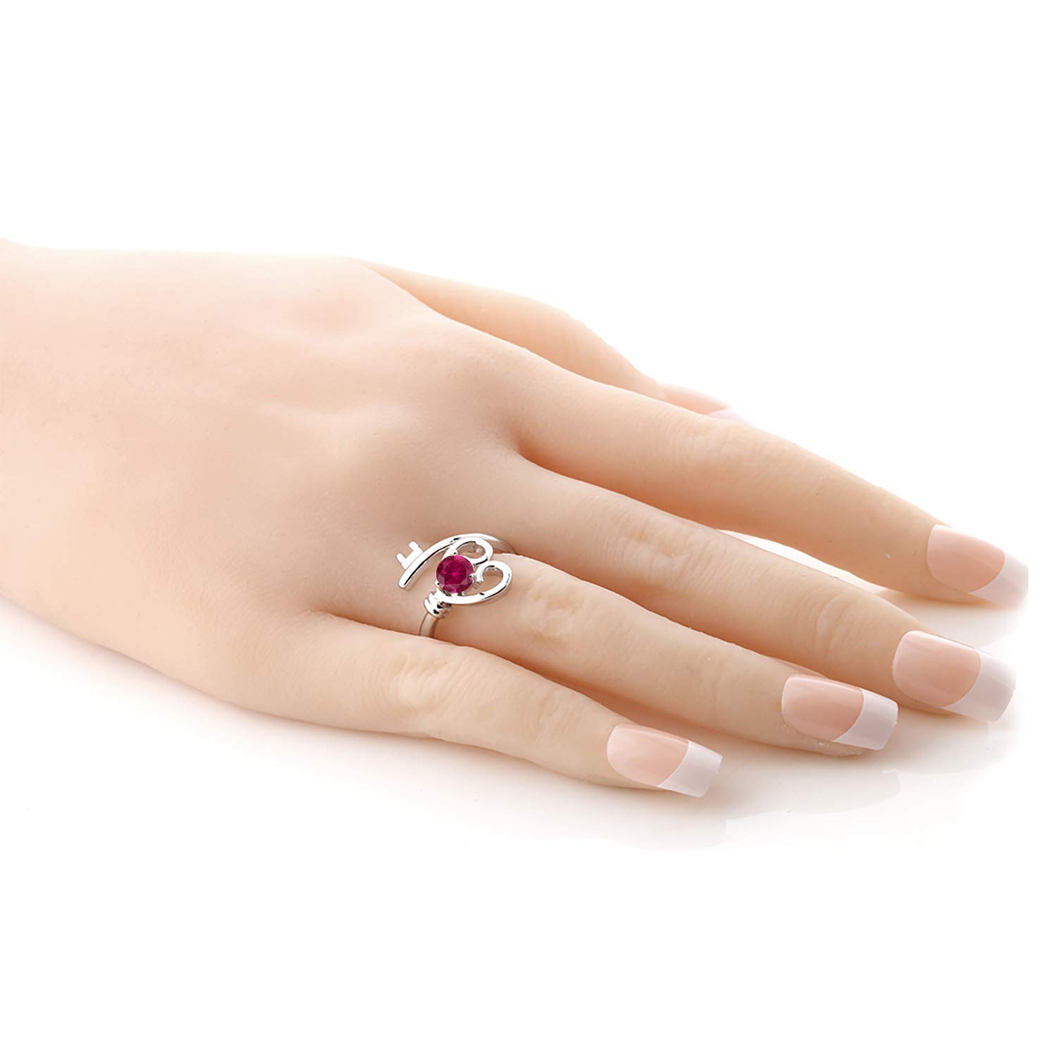 Gem Stone King 925 Sterling Silver Red Created Ruby Heart Key Ring - 0.60 Cttw, Round 5MM (Sizes 5-9) - Perfect Gift for Valentine's Day, Anniversary & Mother's Day