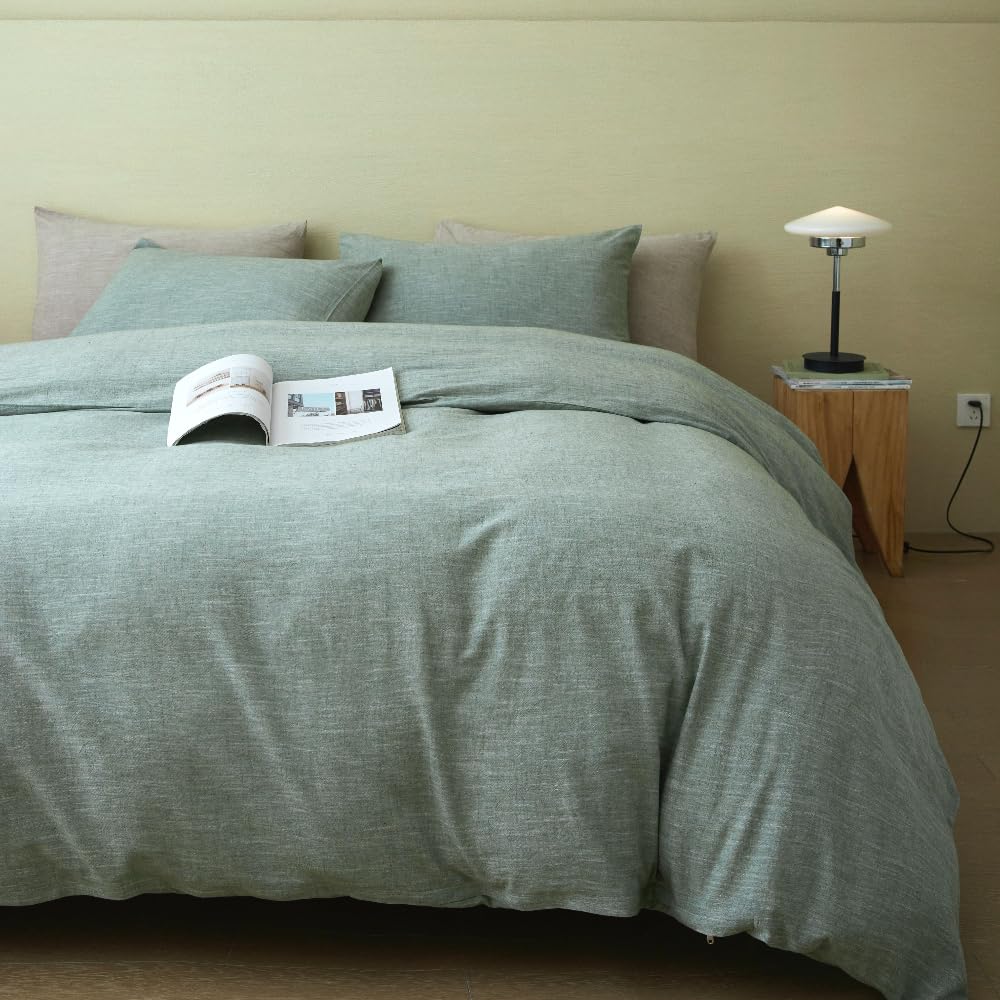 Stonewashed Cotton Linen Duvet Cover Twin Size - 3 Piece Breathable Comforter Cover Set | Soft Skin-Friendly Bedding for Cozy Sleep | Perfect for Guest Rooms, Dorms & Minimalist Bedrooms (Green)