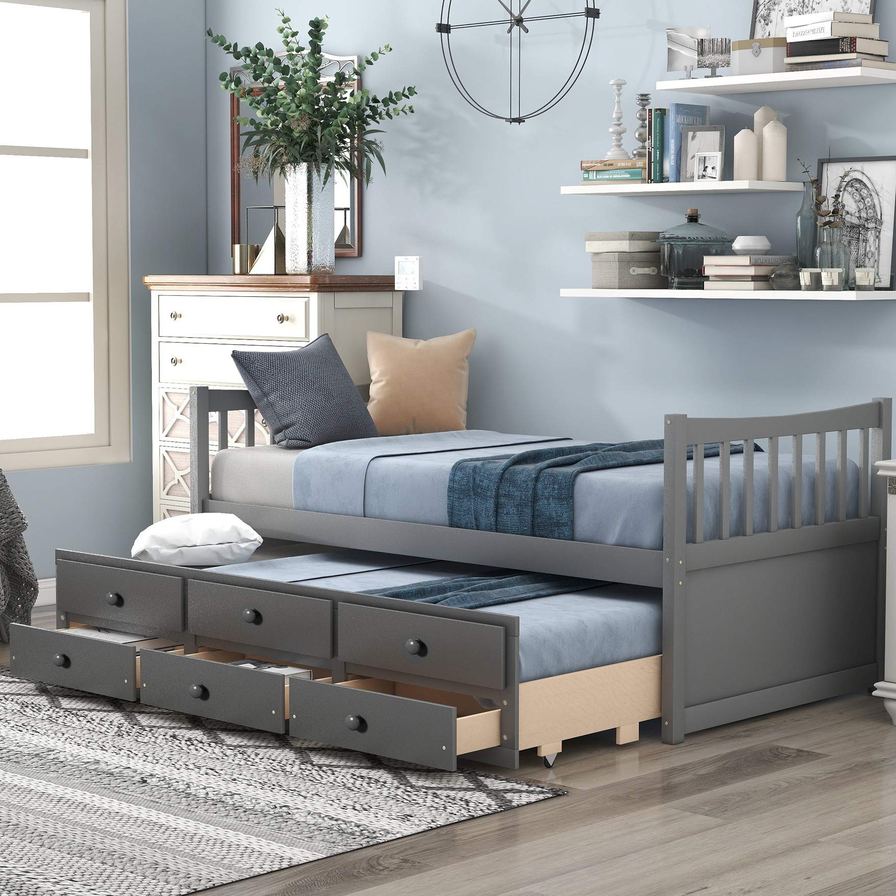 MERITLINE Twin Size Wooden Storage Platform Bed with 6 Drawers, Headboard & Footboard - Space-Saving Captain Bed for Kids & Teens (Grey) - Perfect for Small Bedrooms, Guest Rooms & Dormitories