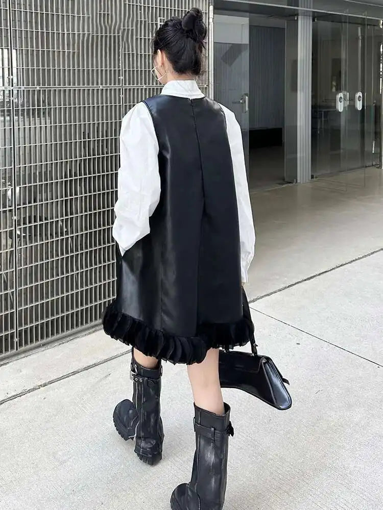 Black Leather Mesh Dress Shirt & Suit Set for Women - Fashionable Two-Piece Lapel Long Sleeve Outfit for Spring & Fall 2025 (Style 1DH9256) | Perfect for Office Wear, Evening Events & Special Occasions