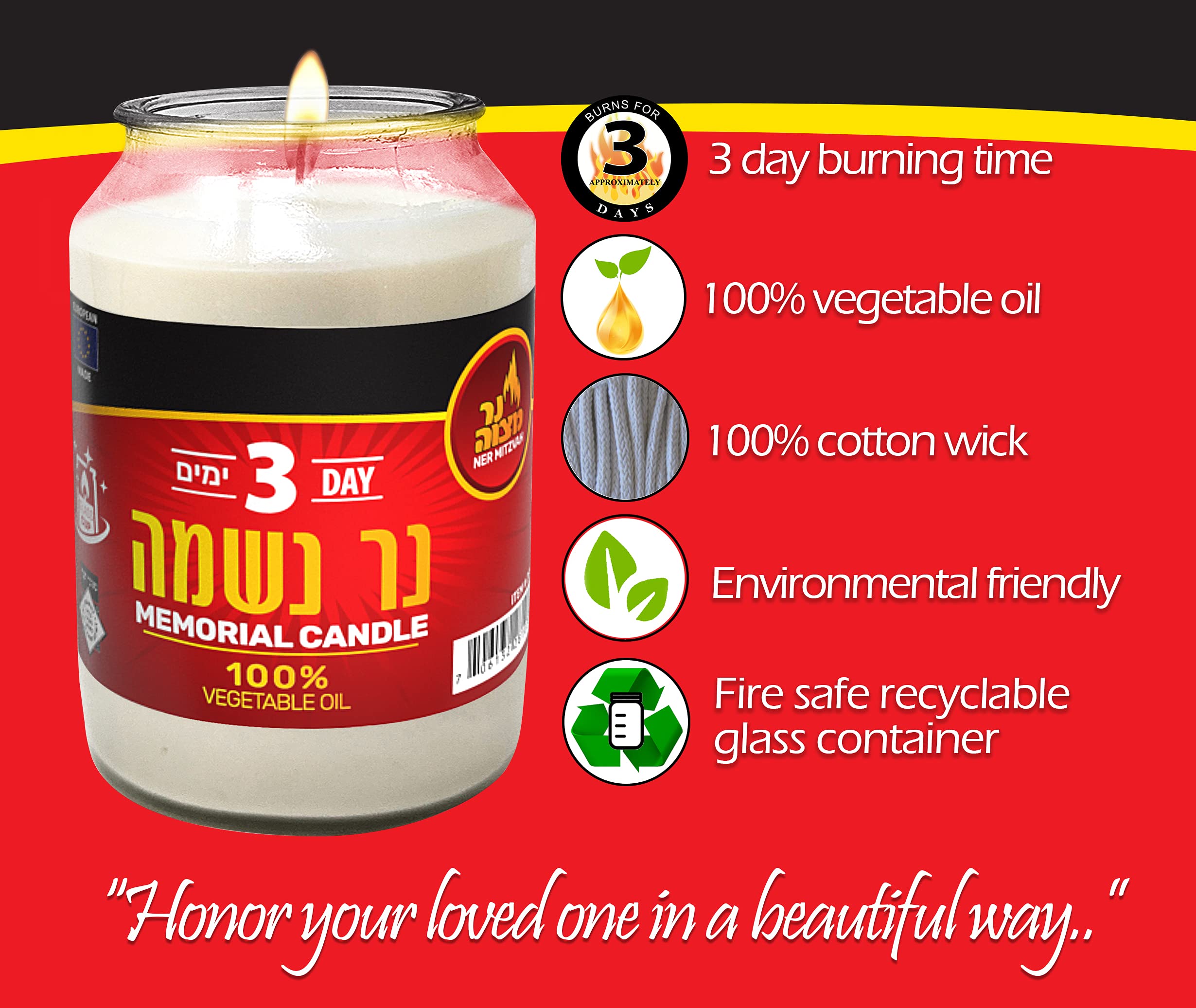 Kosher White Yahrzeit Memorial Candle - 3 Day Burning Time - 100% Vegetable Oil Wax Prayer Candle in Glass Jar - Perfect for Yom Kippur, Jewish Holidays & Memorial Services - 1 Pack
