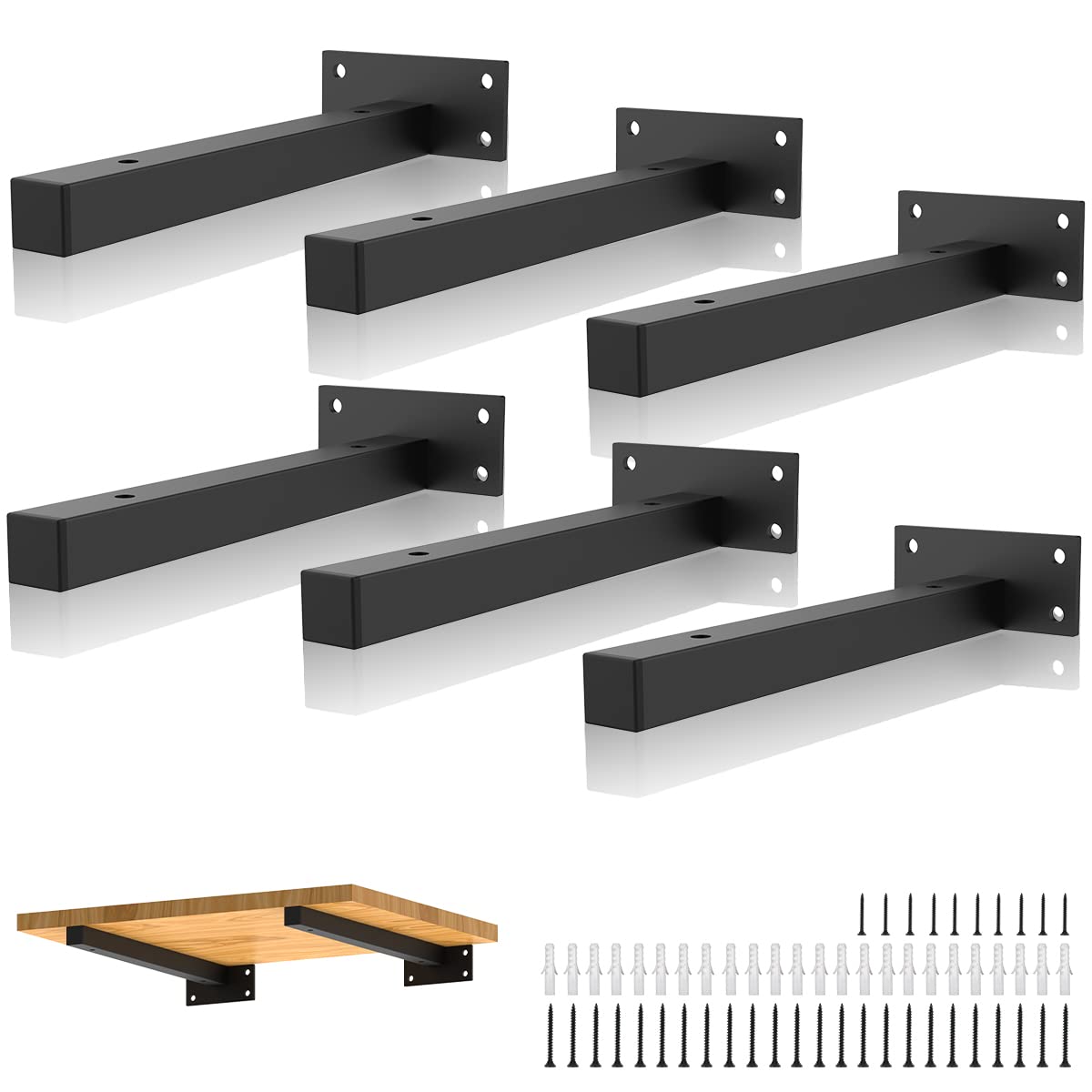 **10 Inch Heavy Duty Black Metal Floating Shelf Brackets - Industrial Pipe Wall Mounted with Screws & Anchors - 6 Pack for DIY Home Decor, Storage & Farmhouse Style - Perfect for Living Room, Kitchen & Bathroom Organization**