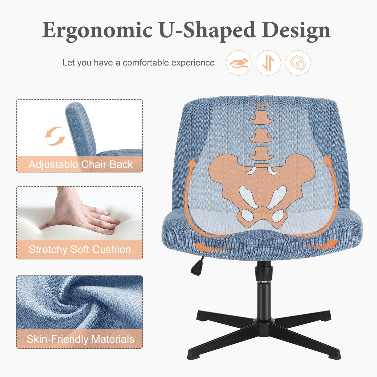 Sweetcrispy Criss Cross Chair - Armless Office Desk Chair Without Wheels, Swivel Vanity Chair with Height Adjustable Wide Seat, Modern Fabric Computer Task Chair in Blue - Perfect for Home Office, Study Room, and Makeup Vanity Areas