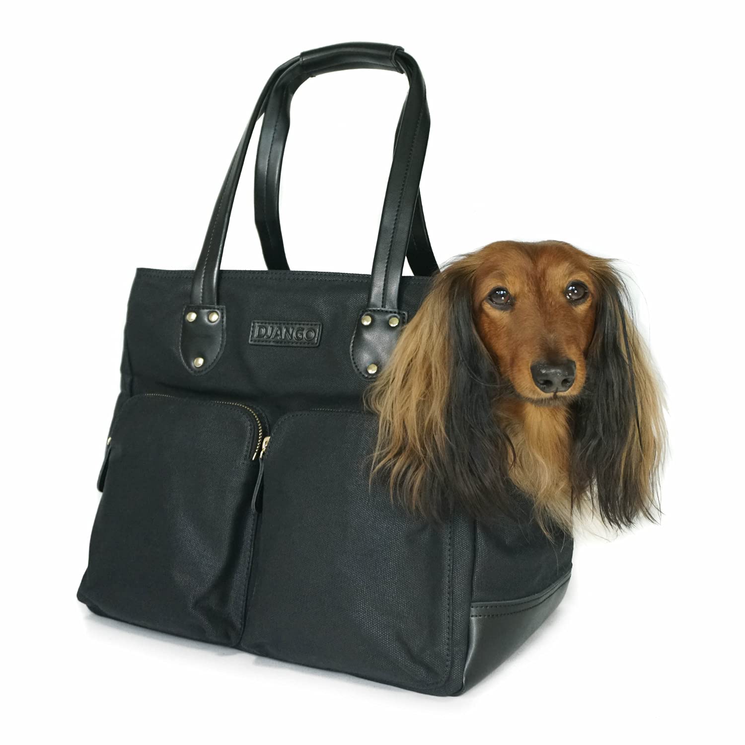 Premium Waxed Canvas & Leather Dog Carrier Tote - Medium Black Pet Travel Bag with Safety Tether & Secure Zipper Pockets | Perfect for Air Travel, Car Rides & Outdoor Adventures