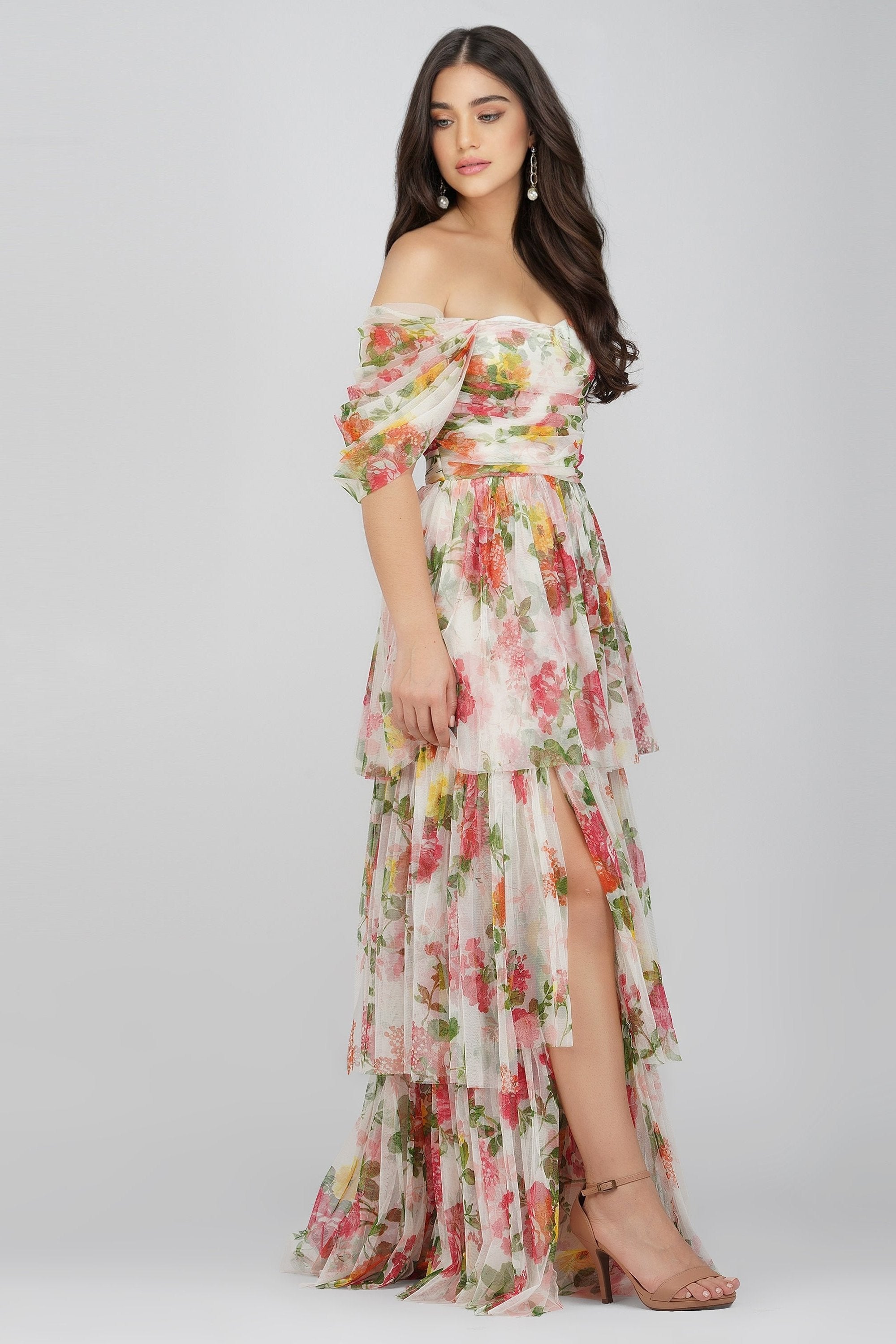 Elegant Sydney Tulle Maxi Dress - Bright Floral Print Long Evening Gown for Women | Perfect for Weddings, Parties & Special Occasions
