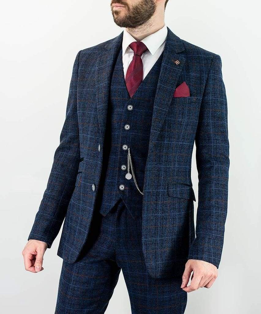 Cavani Cody Men's 3 Piece Blue Check Slim Fit Suit - Formal Business Attire for Weddings, Office & Special Occasions
