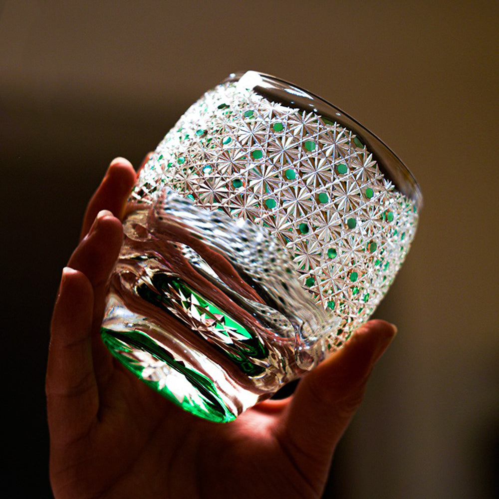 Handcrafted Edo Kiriko Whisky Glass - Japanese Cut Crystal Tumbler for Whiskey, Cocktails & Tea - Elegant Starry Sky Design, Perfect for Gifts & Home Bar Decor