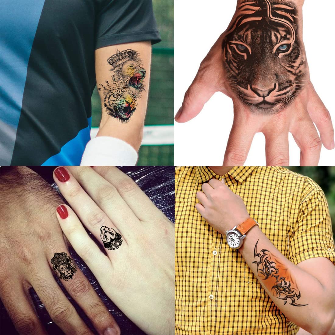 Temporary Tattoo Stickers - 4 Pack Tiger Eye & Lion King Designs for Men & Women (2x4 Inch) - Waterproof Fake Body Art for Parties, Halloween & Cosplay
