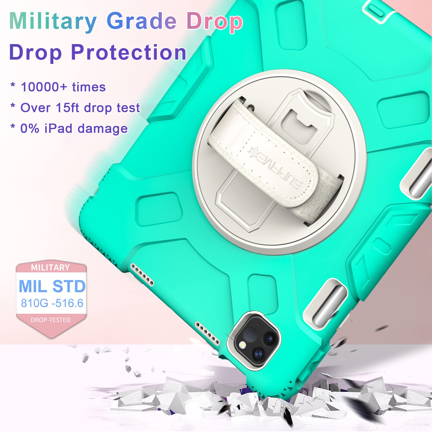 SUPFIVES Military Grade Shockproof iPad Pro 11 Case (2020/2021/2022 4th Gen) with Pencil Holder, Rotating Stand, Handle & Shoulder Strap - Emerald Green - Perfect for Travel, Work & Outdoor Adventures