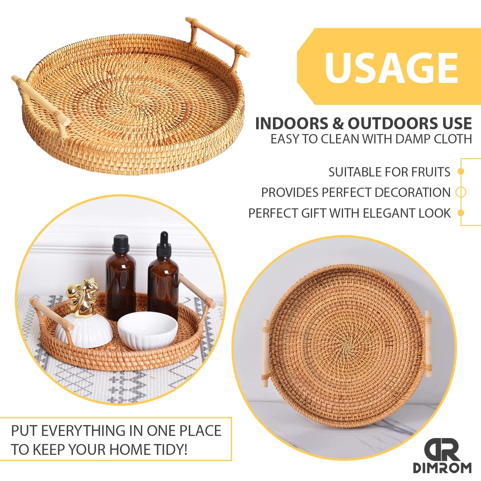 8.7-Inch Round Rattan Serving Tray - Woven Wicker Decorative Tray for Coffee Table, Bread, Fruit & Vegetables | Perfect for Home Decor, Restaurants & Entertaining