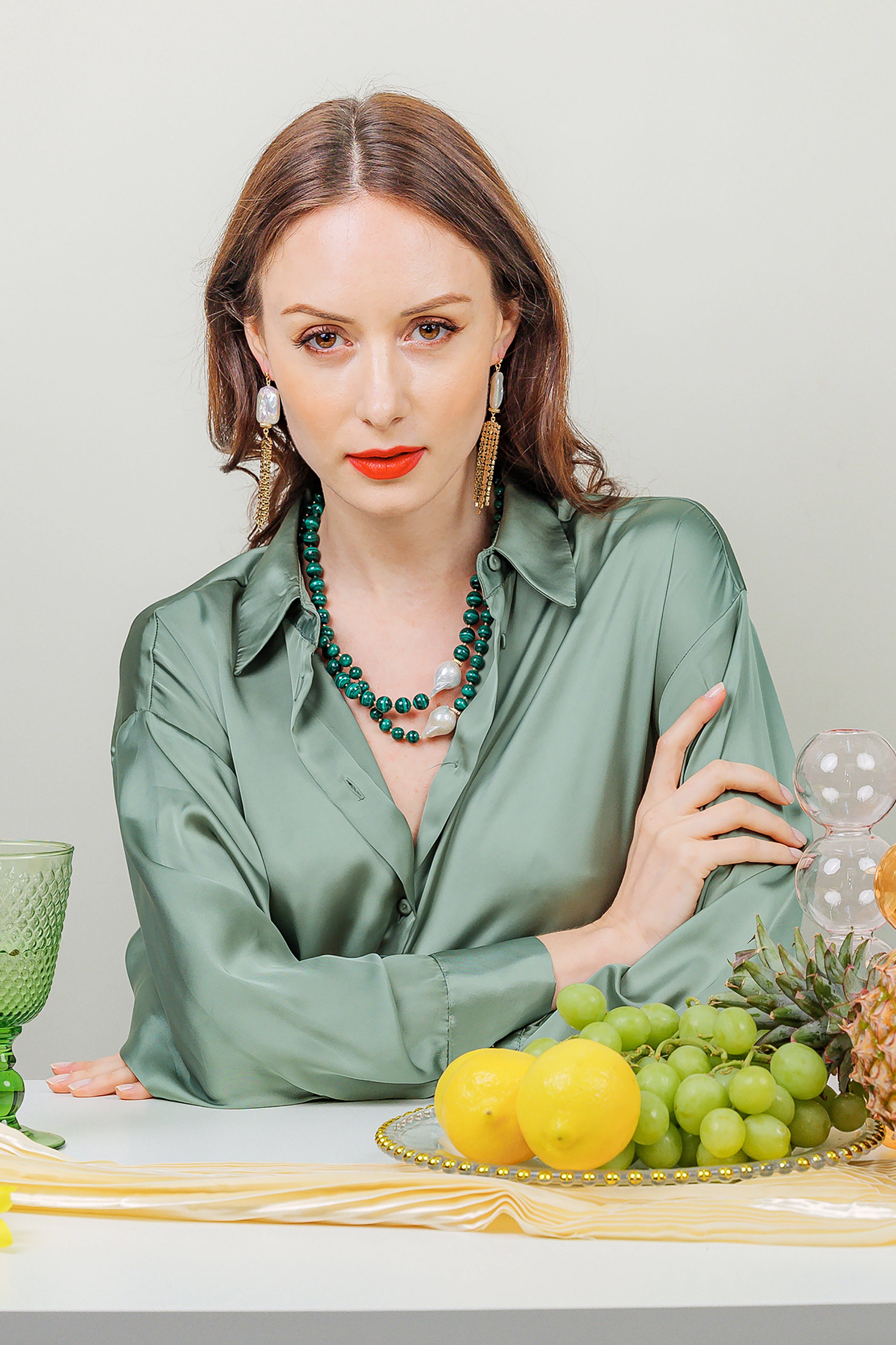 Handmade Malachite & Baroque Pearls Double Strand Necklace | Natural Gemstone Jewelry for Women | Perfect for Boho Chic & Evening Wear