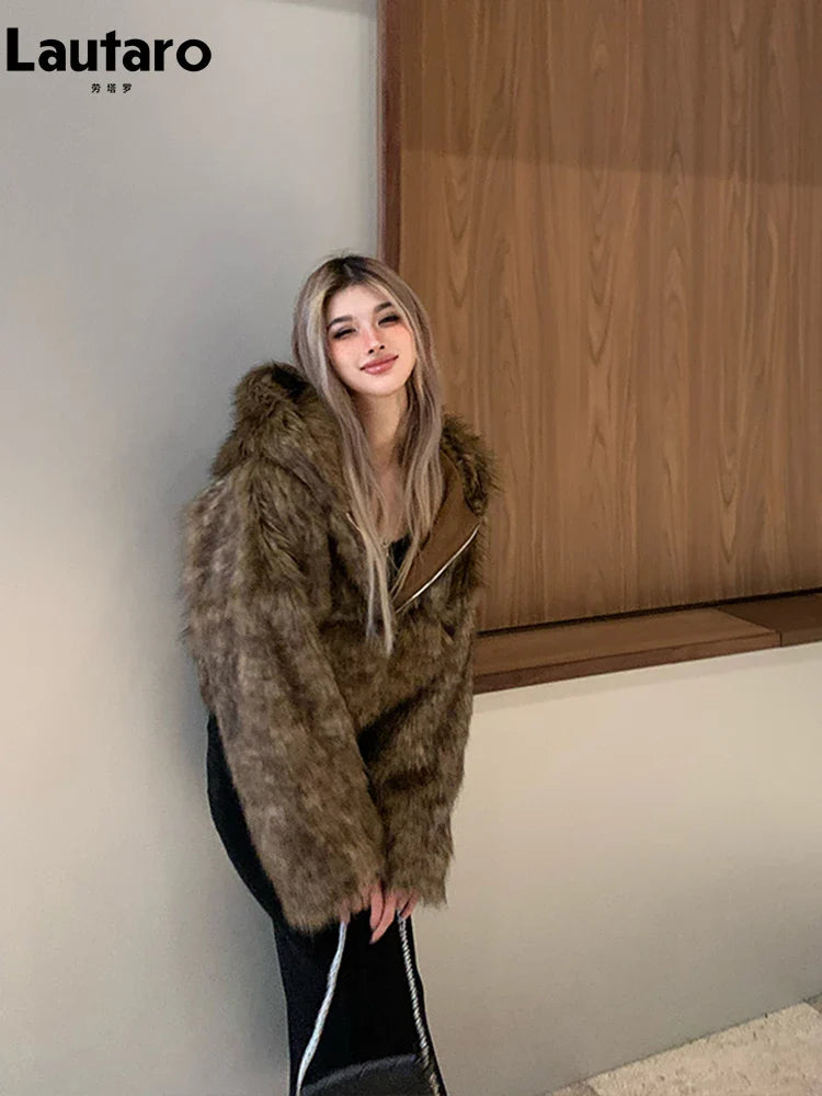 Luxury Faux Fur Coat for Women - Soft Thick Warm Shaggy Jacket with Hood & Zipper | Winter Fashion Outerwear 2024 | Perfect for Cold Weather & Stylish Streetwear