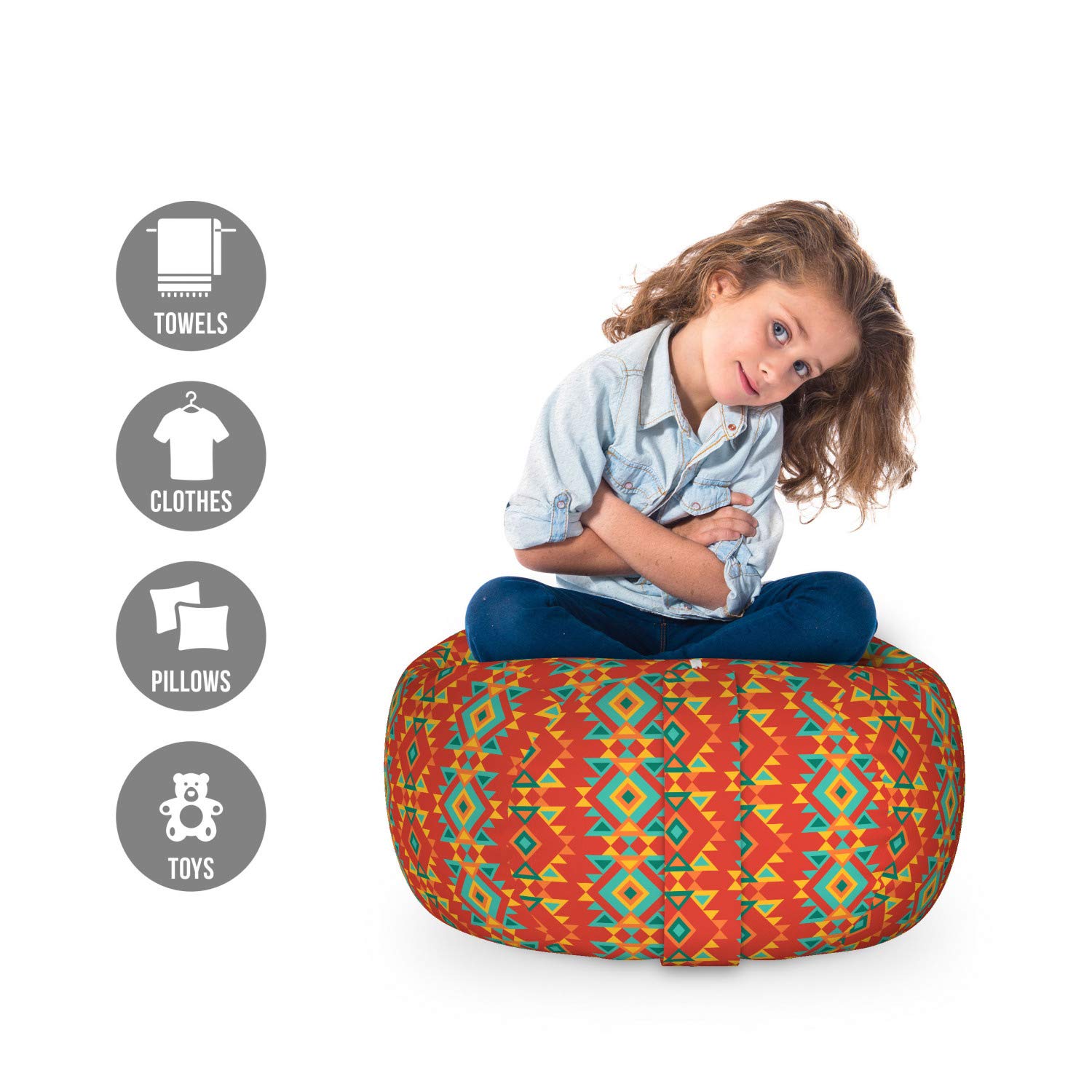 Ambesonne Boho Toy Storage Bag Chair - Geometric Rhombus & Triangle Pattern, Washable Stuffed Animal Organizer for Kids Room, Small Multicolor Ottoman with Retro Design | Perfect for Nursery, Playroom & Bedroom Organization