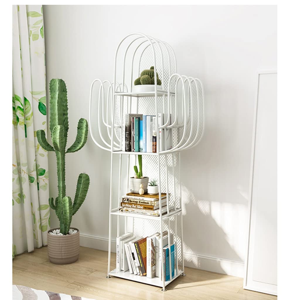 Modern Wrought Iron Bookshelf - White Cactus Design Bookcase for Bedroom, Living Room & Office - Creative Corner Storage Shelf for Books, Plants & Decor