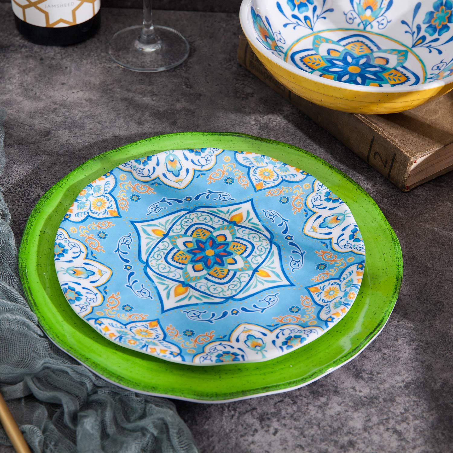 12-Piece Melamine Dinnerware Set - Durable, Colorful Plates & Bowls - Dishwasher Safe, Shatterproof, Chip Resistant - Perfect for Outdoor Dining, Picnics, and Restaurants (Multicolor)