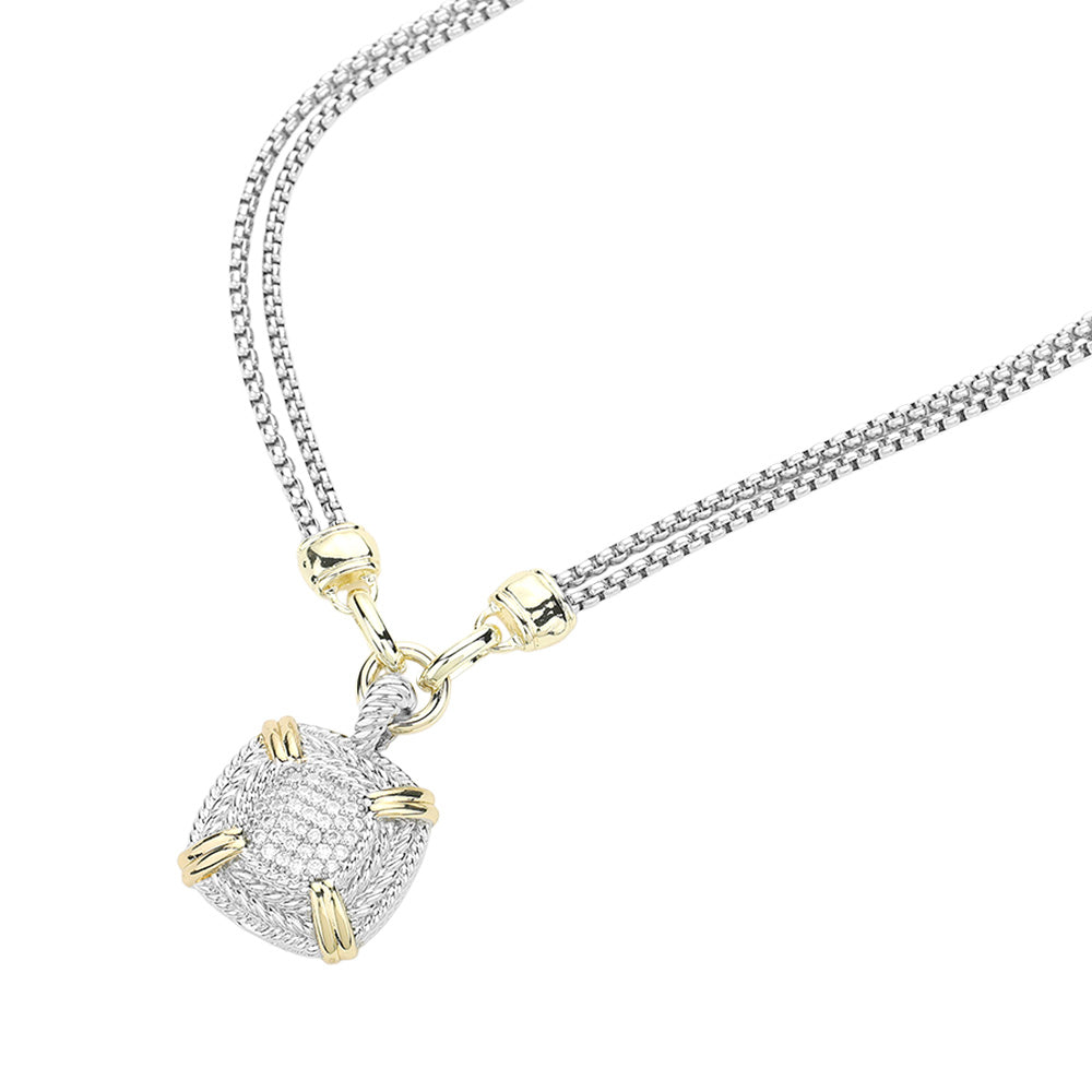 14K Gold Plated Two Tone CZ Square Pendant Double Chain Necklace for Women - Elegant Layered Jewelry Gift for Birthday, Anniversary & Valentine's Day