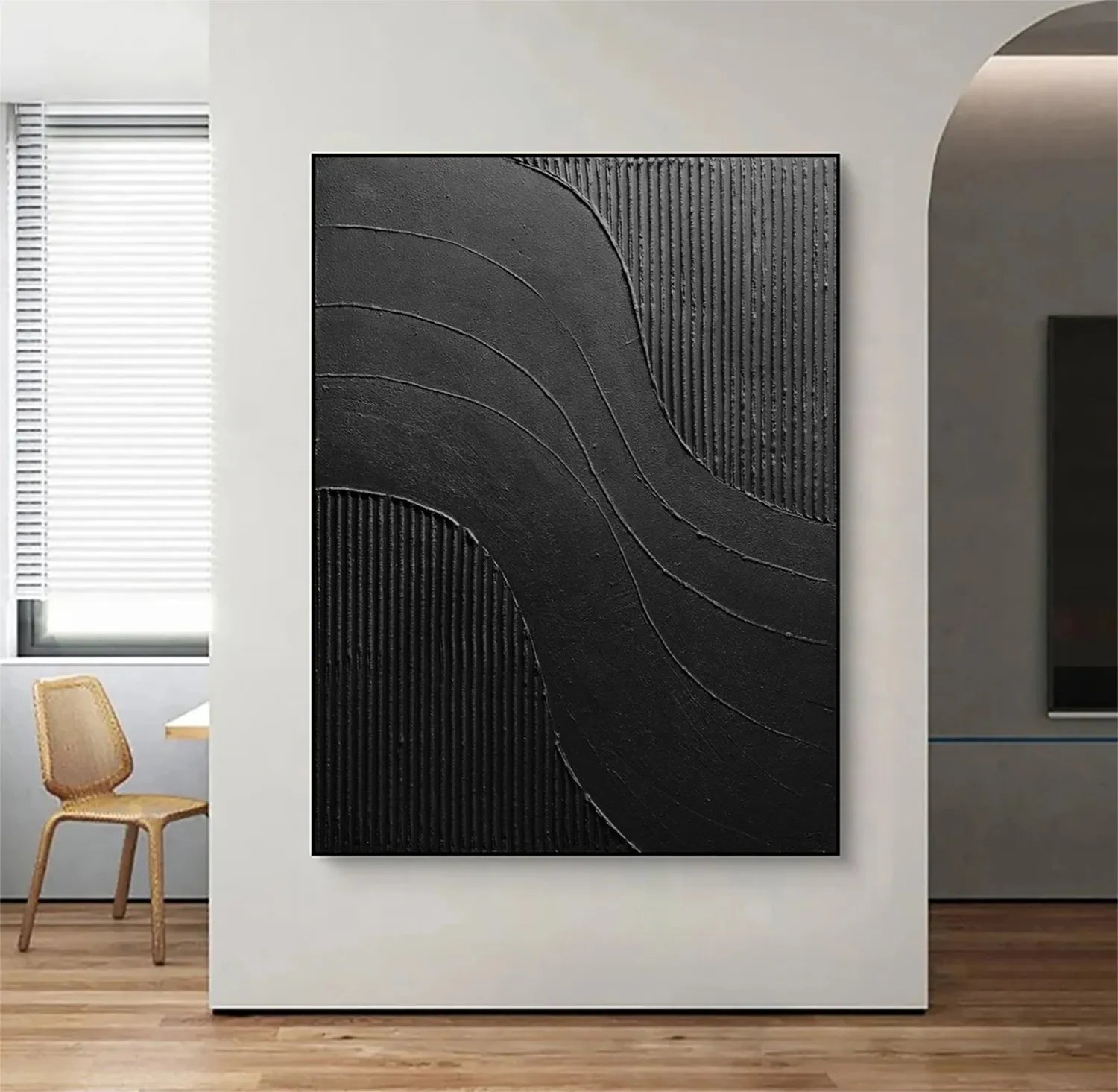 Black Minimalist Textured Painting Canvas #MZ104 - Modern Abstract Wall Art for Living Room, Bedroom & Office Decor