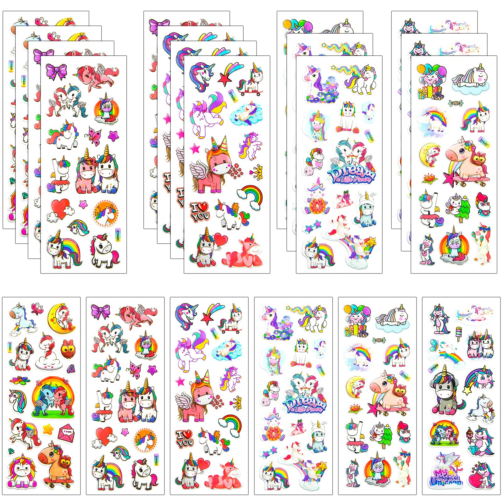 Fantasyon 20 Sheets 3D Puffy Unicorn Stickers for Kids - DIY Cartoon Unicorn Theme Stickers for Scrapbooking, Journals, Party Favors, Reward Prizes & Classroom Activities