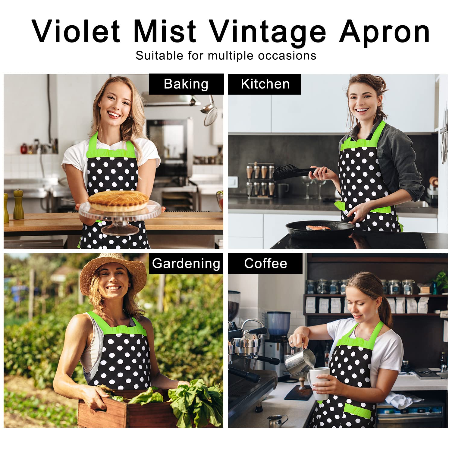 Vintage Polka Dot Apron for Women - Adjustable Ruffled Retro Apron with Pockets - 1950s Style Green Kitchen Apron - Perfect for Cooking, Baking, Halloween Costume & Mother's Day Gift