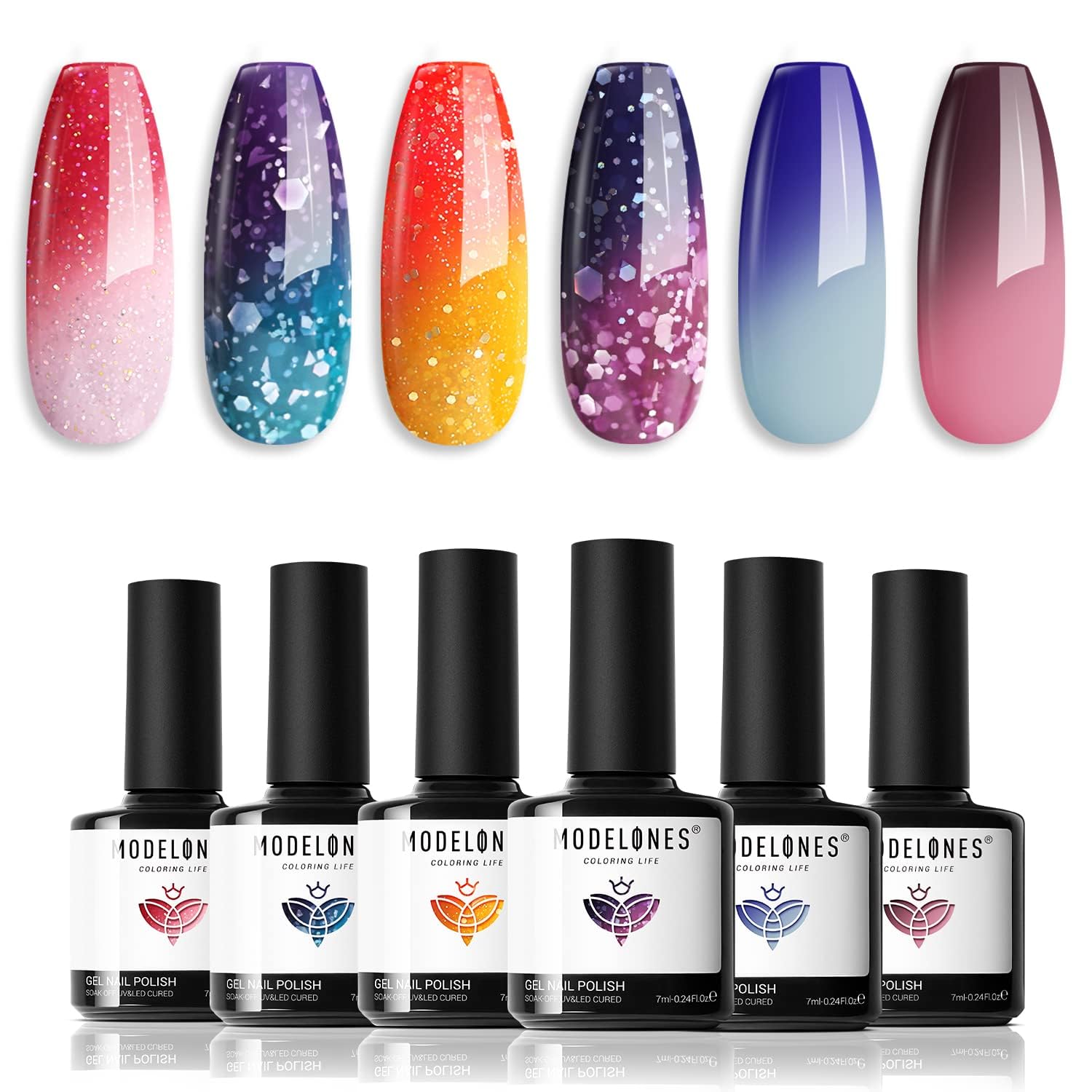 Modelones 6 Colors Temperature Changing Gel Nail Polish Set - Red Pink Glitter Blue Purple Mood Color Transition Soak Off UV LED Gel for DIY Nail Art, Salon & Home Manicure (Perfect Gift for Women & Nail Lovers) - Great for Parties, Weddings, Holidays & Special Occasions