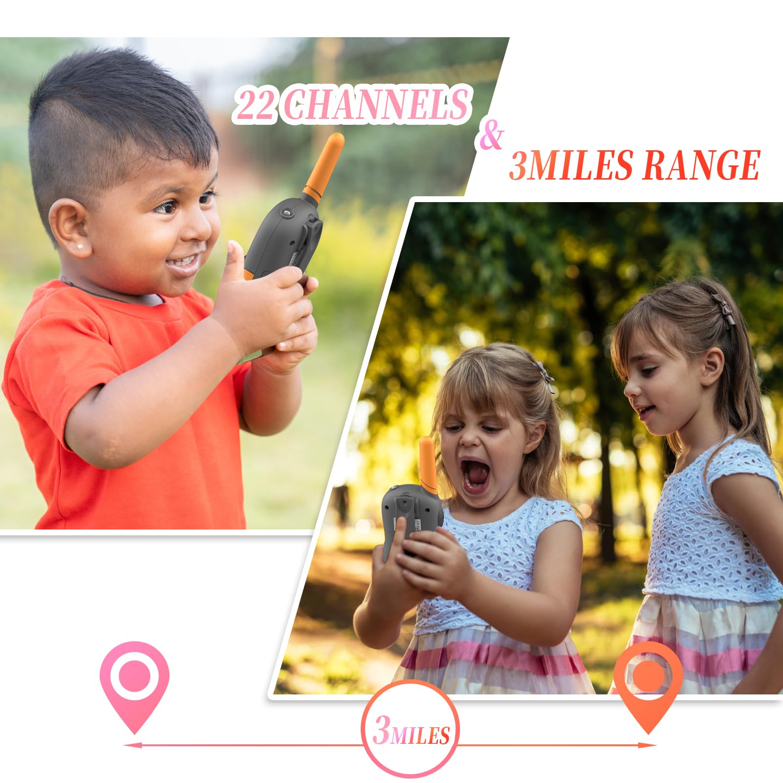 J388C Kids Walkie Talkies 2 Pack - Long Range Communication, Built-in Flashlight, Durable & Easy to Use - Perfect for Outdoor Adventures, Camping, Hiking, and Family Activities (Orange)