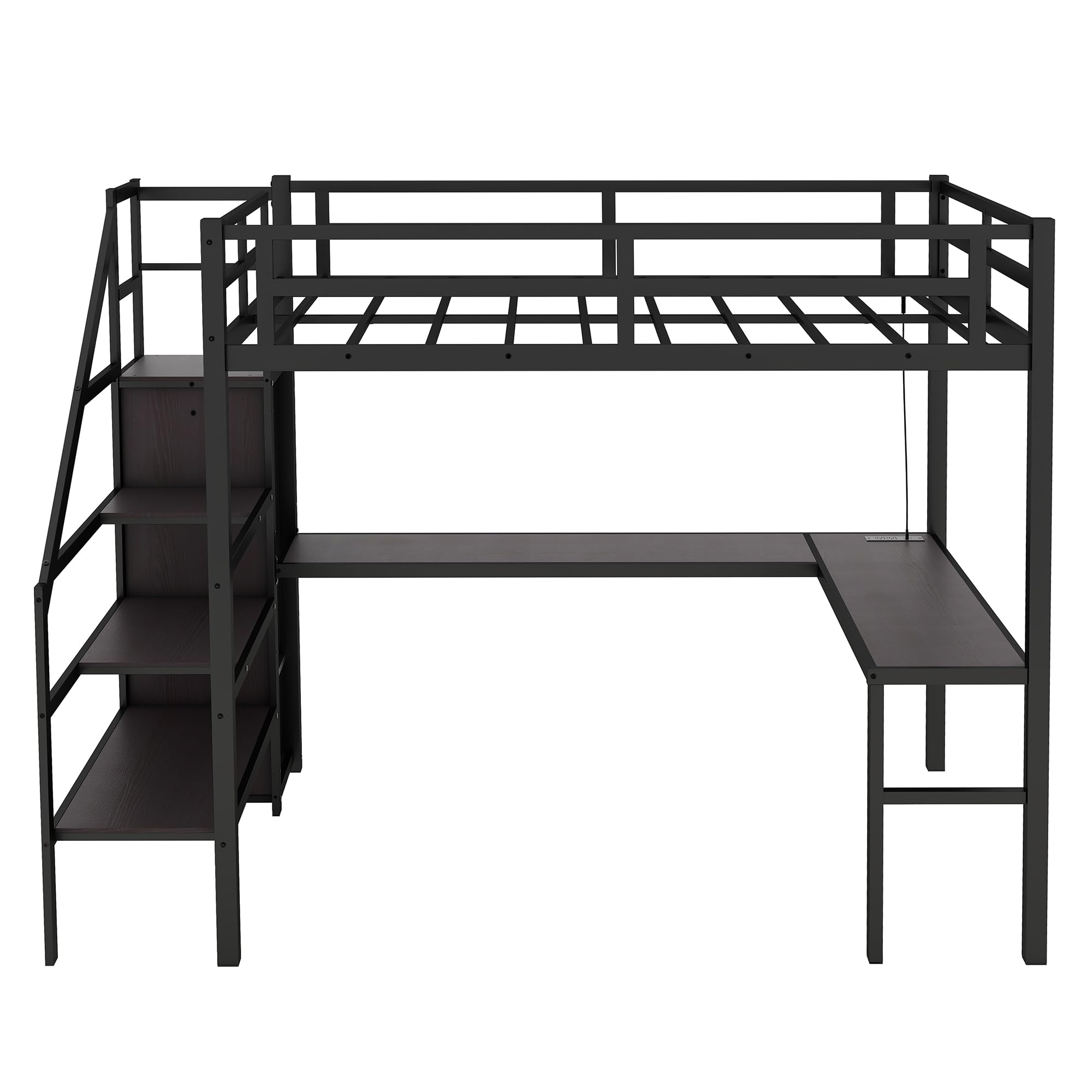 Full XL Size Loft Bed with L-Shaped Desk & Wardrobe - Metal Loft Bed Frame with Storage Stairs, Adjustable Shelf & Guardrails - 69