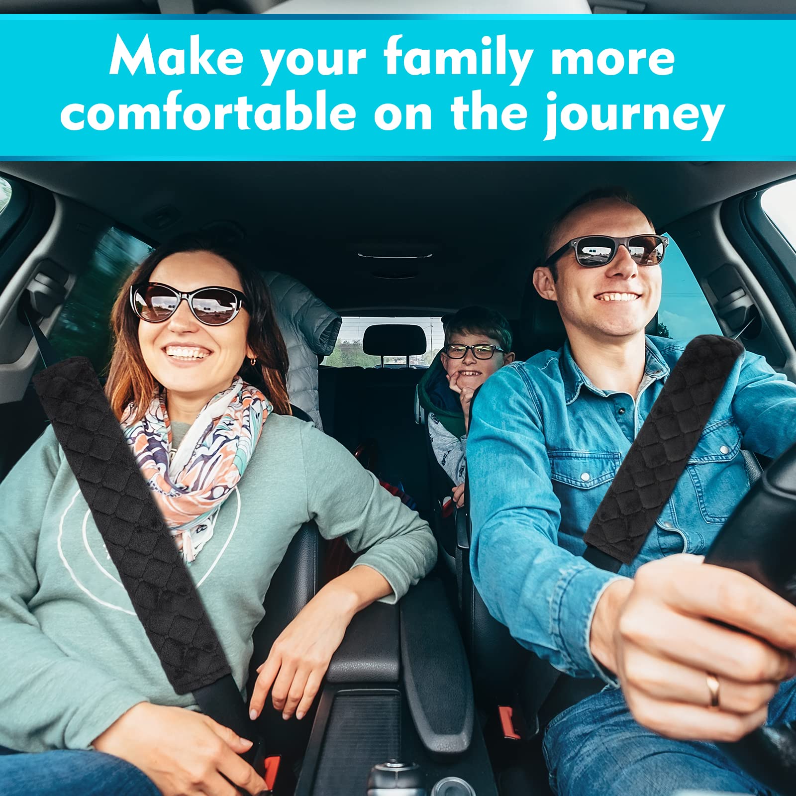 2 Pack Extra Long Car Seat Belt Covers - 20 Inch Comfortable Shoulder Pad Protectors for Cars, Trucks & SUVs - Soft Black Seat Belt Strap Accessories | Perfect for Long Drives, Road Trips & Daily Commuting