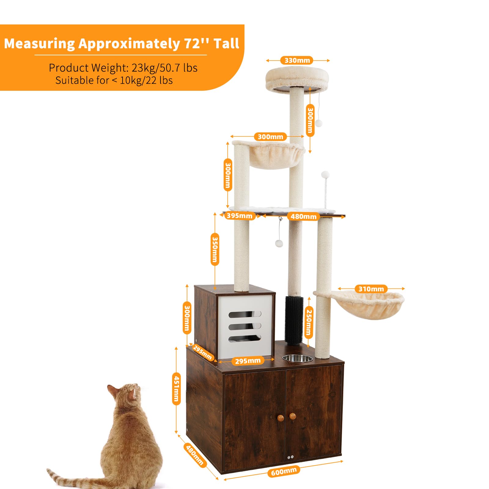 72 Inch Tall Cat Tree with Hidden Litter Box - All-in-One Cat Climbing Tower with Scratching Posts, Perch, Platform & Food Station - Multi-Level Indoor Cat Furniture for Small Spaces - Perfect for Apartments & Homes with Multiple Cats