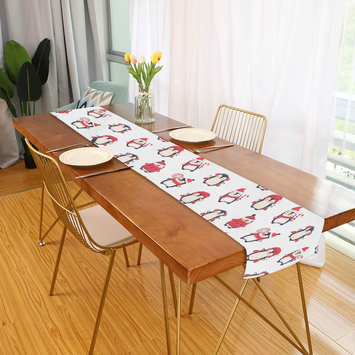 Festive Christmas Penguin Table Runner 13x90 Inch - Cute Animal Design Polyester Tablecloth for Dining, Kitchen, Office, Wedding & Party Decor - Perfect for Holiday Home Decor and Coffee Table Settings