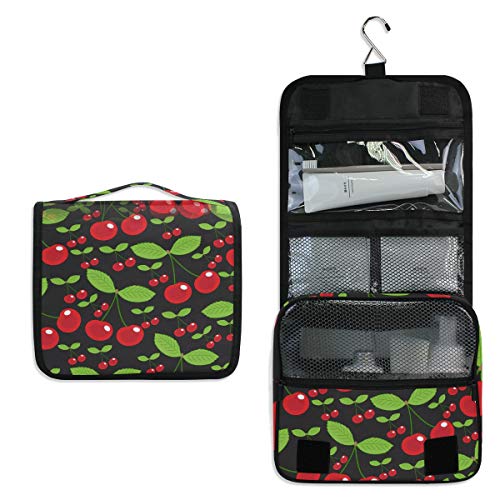 Linomo Hanging Travel Toiletry Bag for Women & Men - Large Waterproof Cosmetic Makeup Organizer with Hook, Red Cherry Pattern - Perfect for Bathroom, Gym, Camping & Airplane Travel Accessories