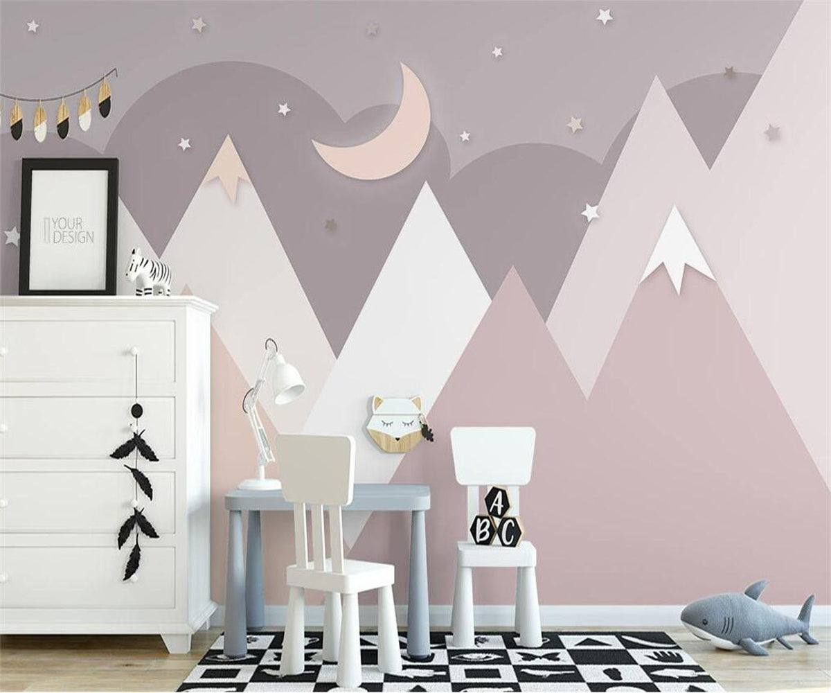 Pinkish Mountains Nursery Wallpaper - Watercolor Landscape Mural for Baby Room & Kids Bedroom Decor - Peel and Stick Removable Wallpaper