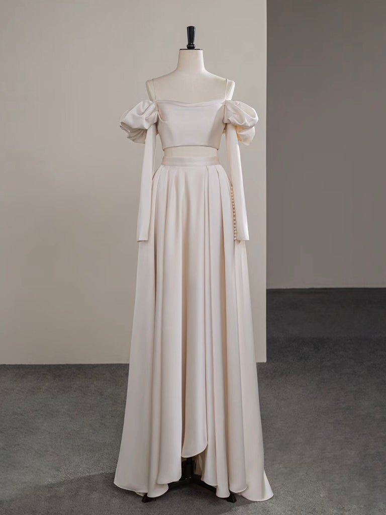 Elegant A-Line Satin Champagne Long Prom Dress - Formal Evening Gown for Homecoming, Wedding, and Special Occasions