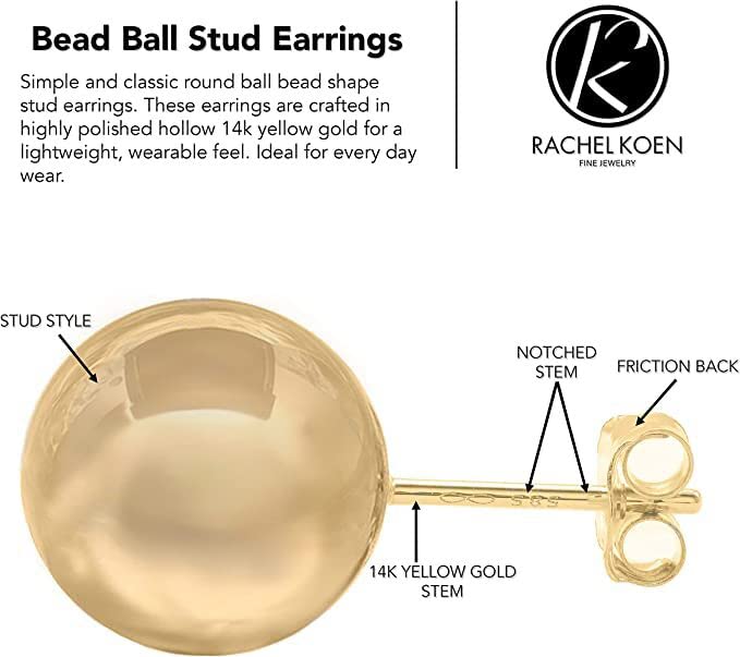 14K Yellow Gold Ball Stud Earrings for Women - High Polished Round Gold Earrings for Everyday Wear & Special Occasions | Rachel Koen Jewelry