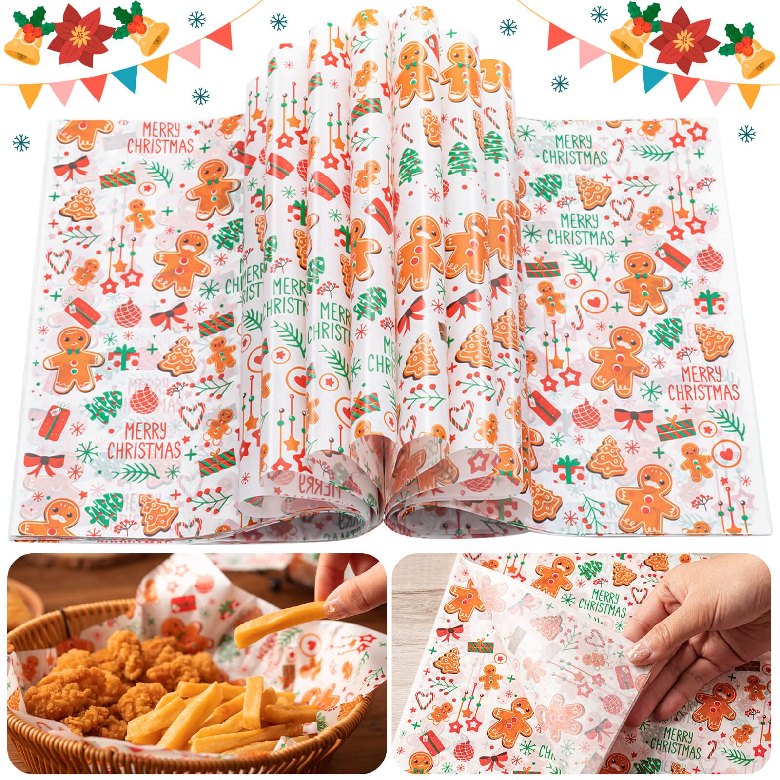 100 Pcs Christmas Wax Paper Sheets for Food Wrapping - Sandwich, Candy & Cookie Wraps - Eco-Friendly Deli Paper for Holiday Baking, Party Snacks & Gift Packaging
