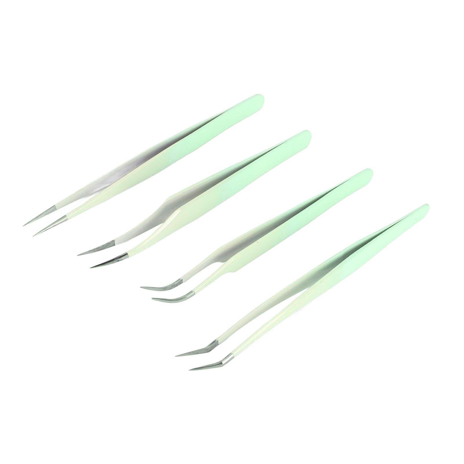 Professional 4Pcs Eyelash Extension Tweezers Kit - High Hardness Stainless Steel, Smooth & Ergonomic Design for Perfect Lash Application | Ideal for Home Use, Salon Professionals & Party Makeup (Green)