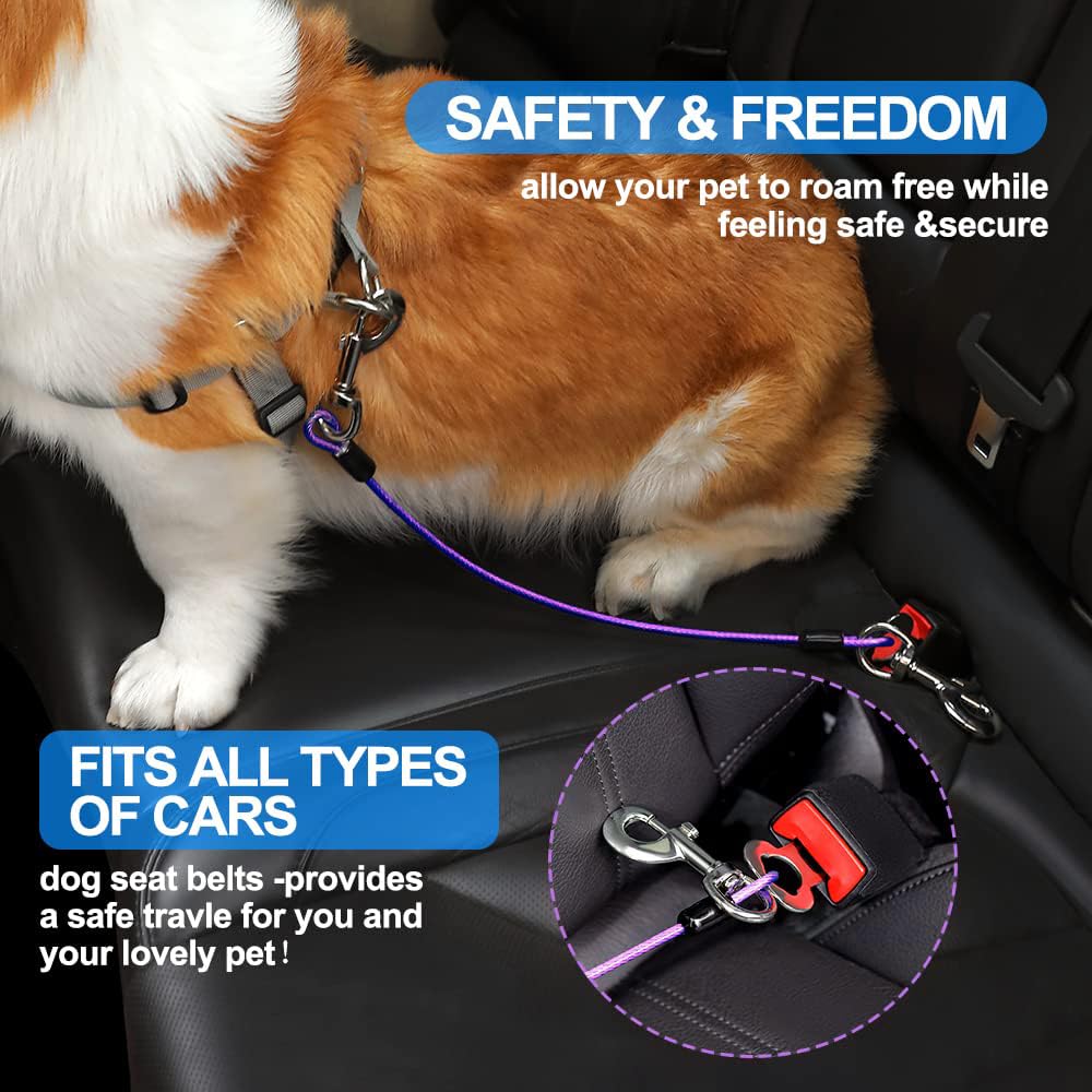 **Dog Car Seat Belt Harness - 24 inch/60 CM Coated Wire Leash Safety Restraint with Double Clips & Latch - Chew-Proof Tether for Vehicle Travel (Purple) - Perfect for Road Trips & Safe Pet Transport**