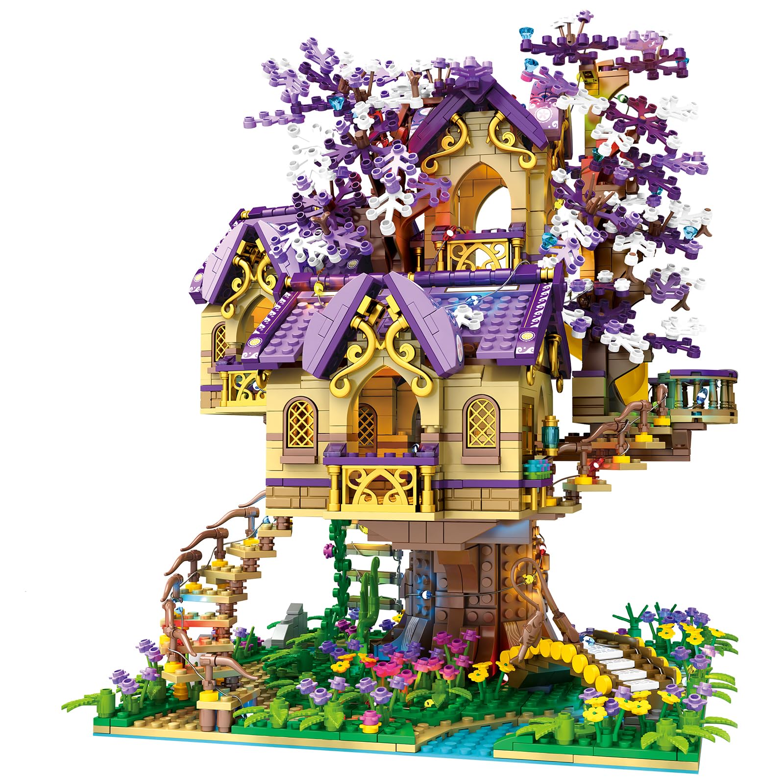 Tree House Building Set for Adults - Cherry Blossom Elf Magic House Model DIY Kit with Purple Friends Toys | Creative Home Office Decor & Unique Birthday Gift for Nature Lovers