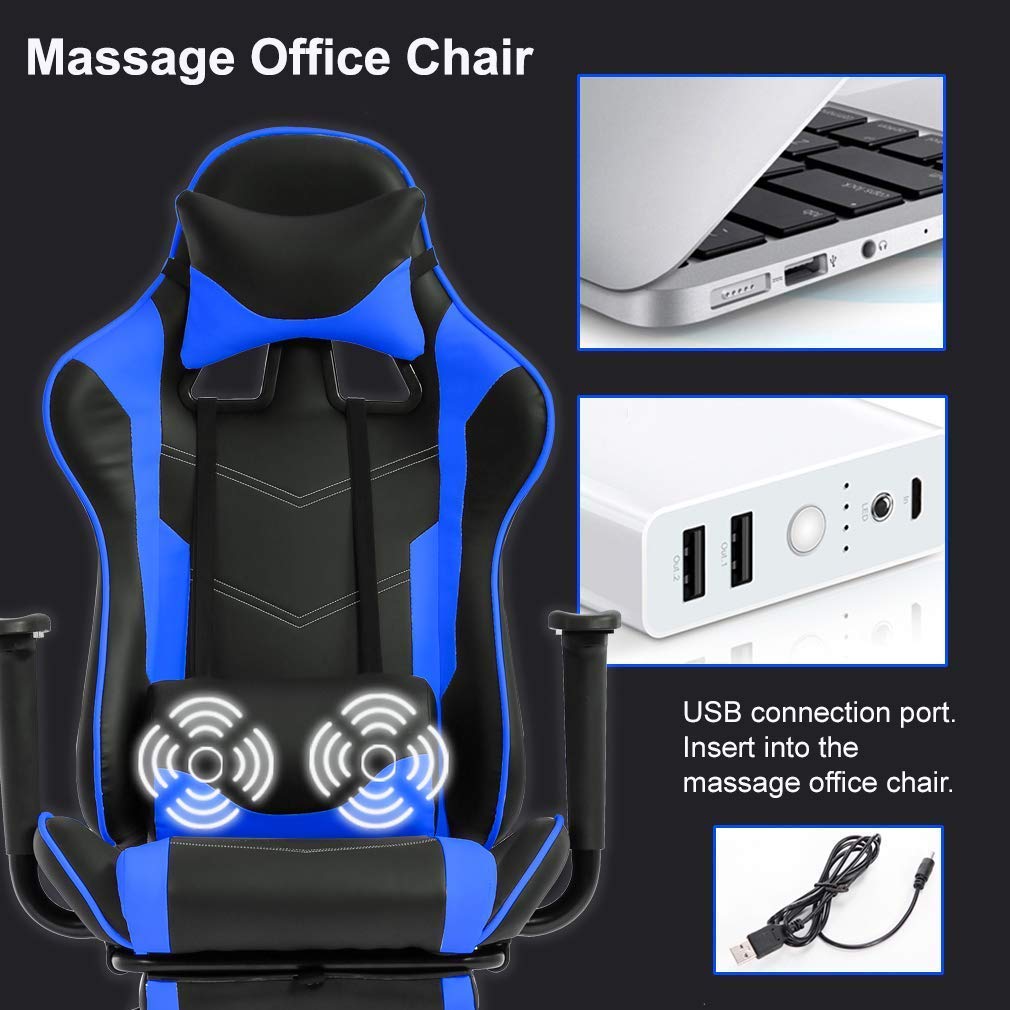 Ergonomic Blue Gaming Chair with Massage Function - Heavy Duty PC Racing Office Chair, Adjustable Lumbar Support, Headrest & Footrest - Perfect for Home Office, Video Gaming & Workstation Use